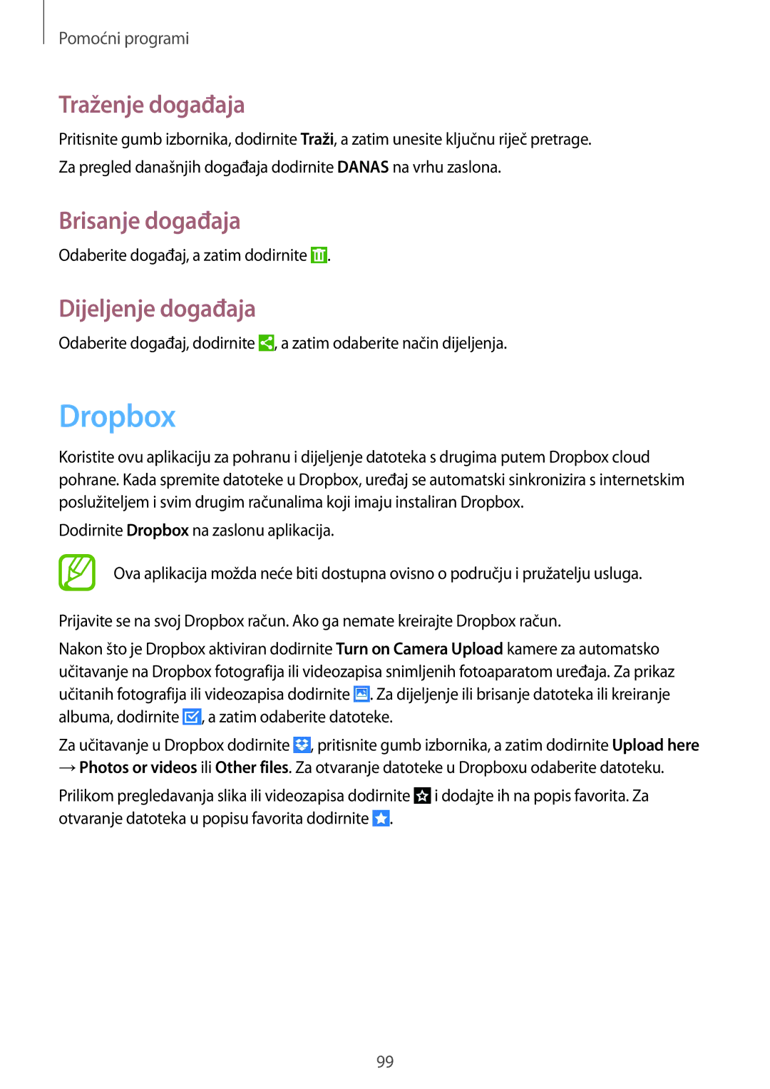 Samsung GT-I9295ZOASEE, GT-I9295ZBASEE, GT-I9295ZAAVIP Dropbox, Traženje događaja, Brisanje događaja, Dijeljenje događaja 