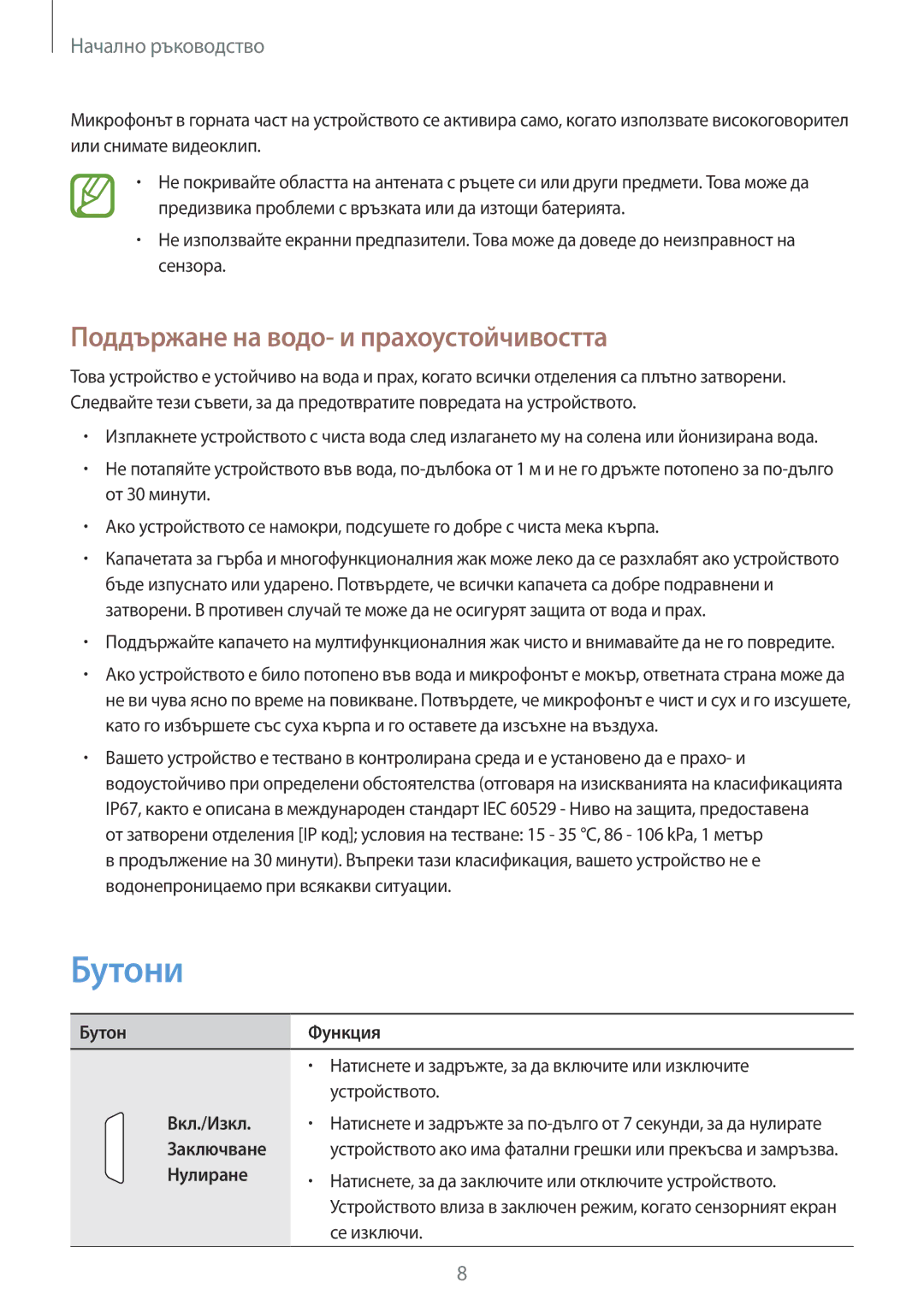 Samsung GT-I9295ZAABGL, GT-I9295ZOABGL, GT-I9295ZAAMTL manual Бутони, Поддържане на водо- и прахоустойчивостта 