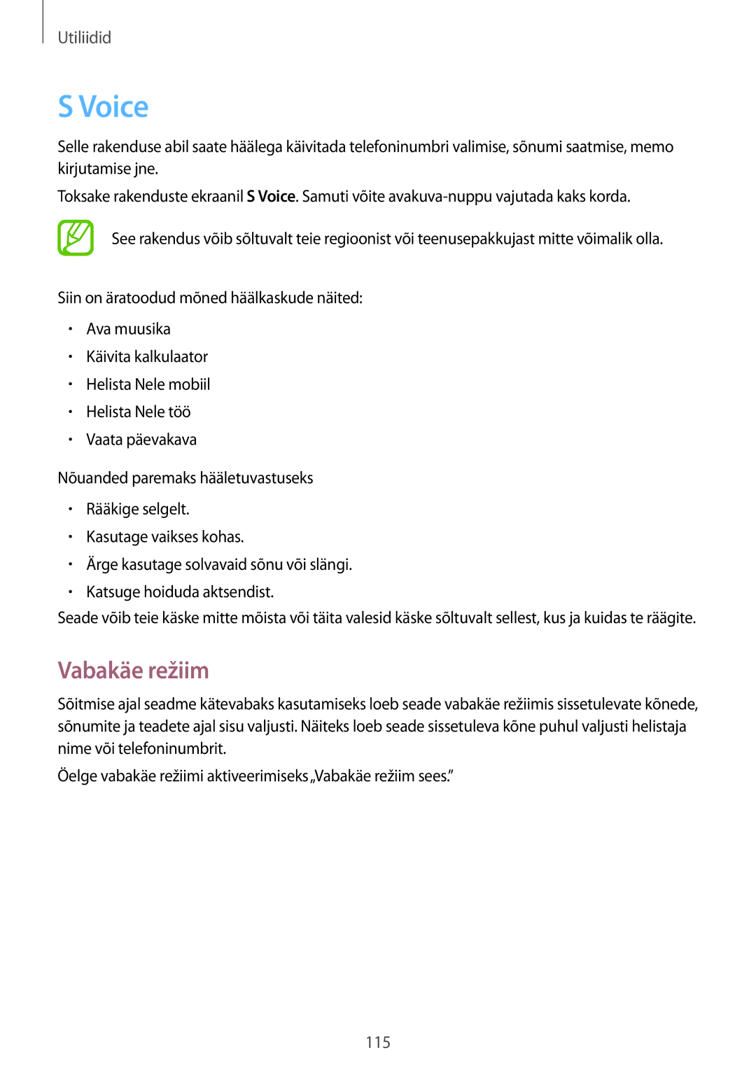 Samsung GT-I9295ZAASEB, GT-I9295ZOASEB, GT-I9295ZBASEB manual Voice, Vabakäe režiim 