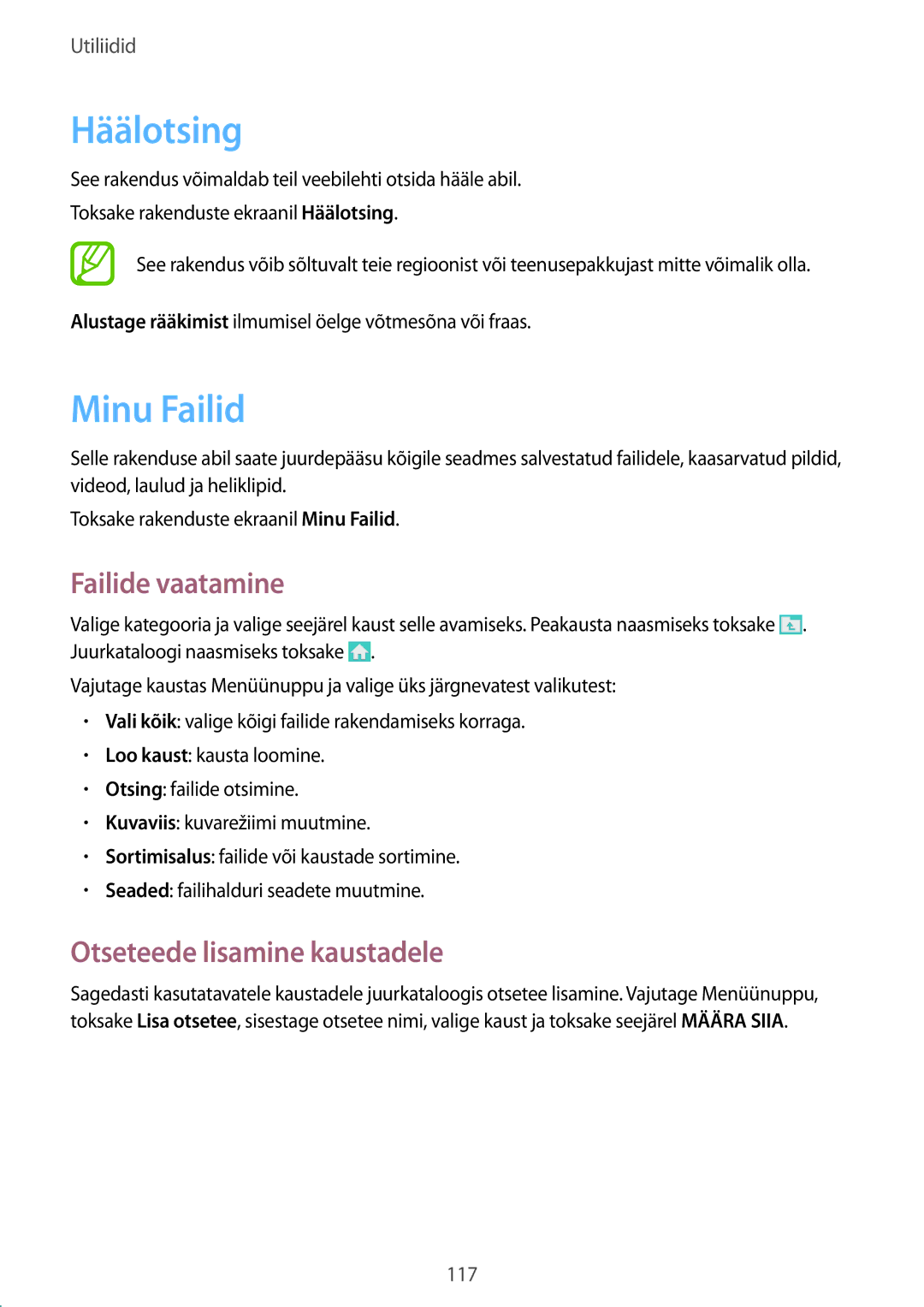 Samsung GT-I9295ZOASEB, GT-I9295ZAASEB, GT-I9295ZBASEB manual Häälotsing, Minu Failid, Otseteede lisamine kaustadele 