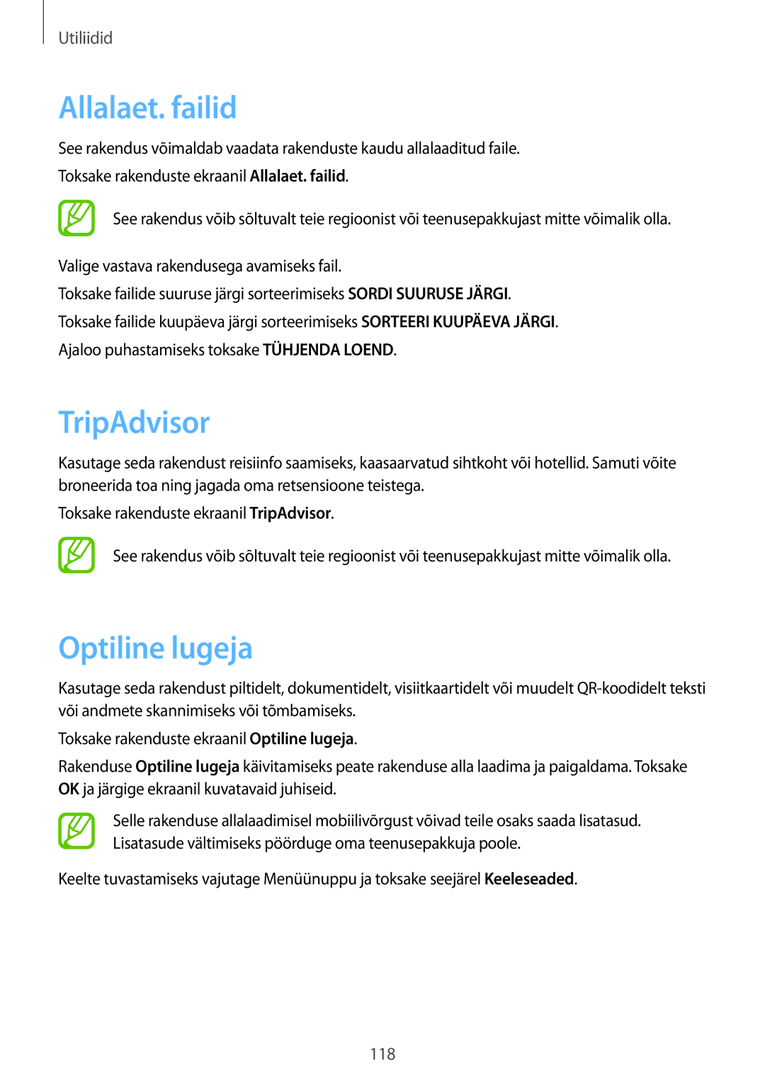 Samsung GT-I9295ZAASEB, GT-I9295ZOASEB, GT-I9295ZBASEB manual Allalaet. failid, TripAdvisor, Optiline lugeja 