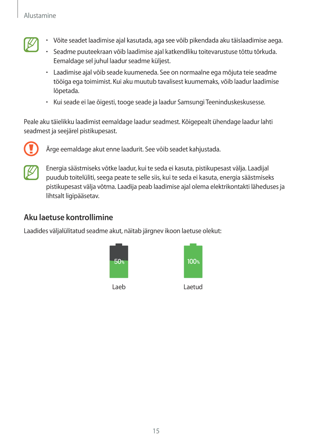 Samsung GT-I9295ZOASEB, GT-I9295ZAASEB, GT-I9295ZBASEB manual Aku laetuse kontrollimine 