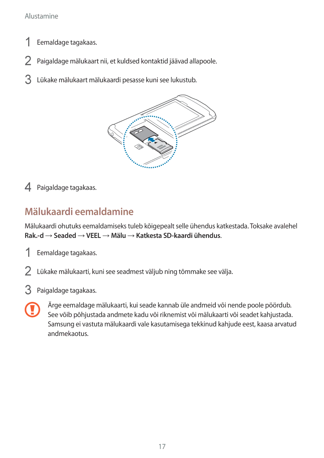 Samsung GT-I9295ZBASEB, GT-I9295ZOASEB, GT-I9295ZAASEB manual Mälukaardi eemaldamine 