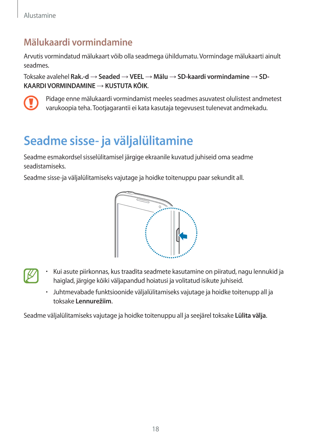 Samsung GT-I9295ZOASEB, GT-I9295ZAASEB, GT-I9295ZBASEB manual Seadme sisse- ja väljalülitamine, Mälukaardi vormindamine 