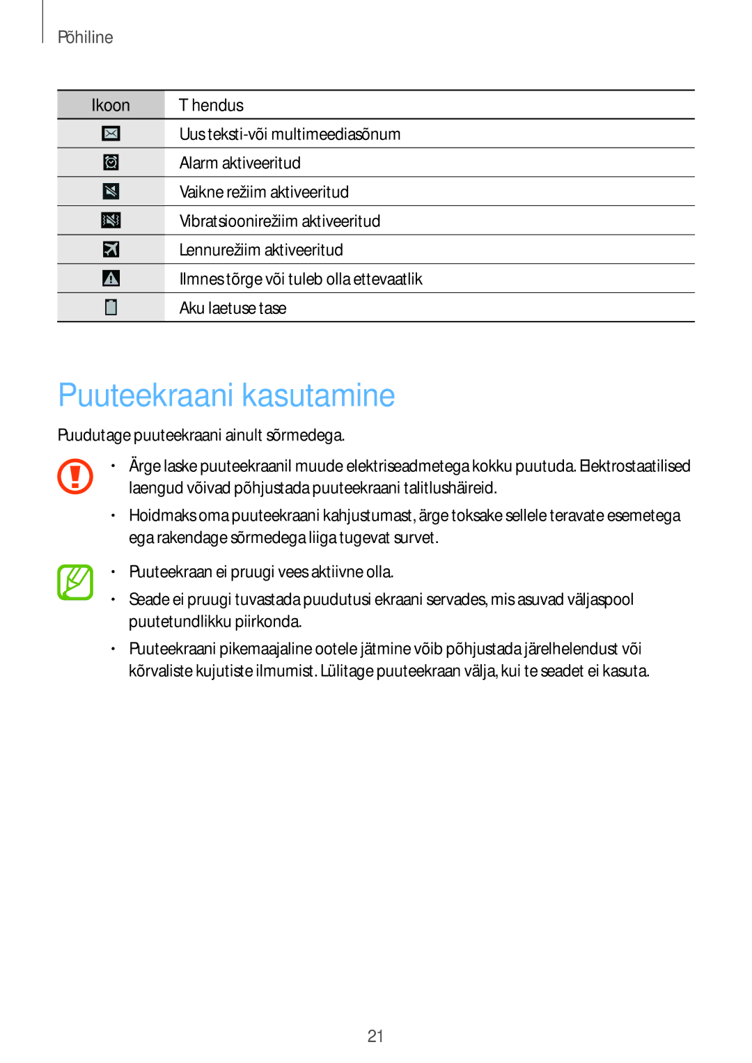 Samsung GT-I9295ZOASEB, GT-I9295ZAASEB, GT-I9295ZBASEB Puuteekraani kasutamine, Puudutage puuteekraani ainult sõrmedega 