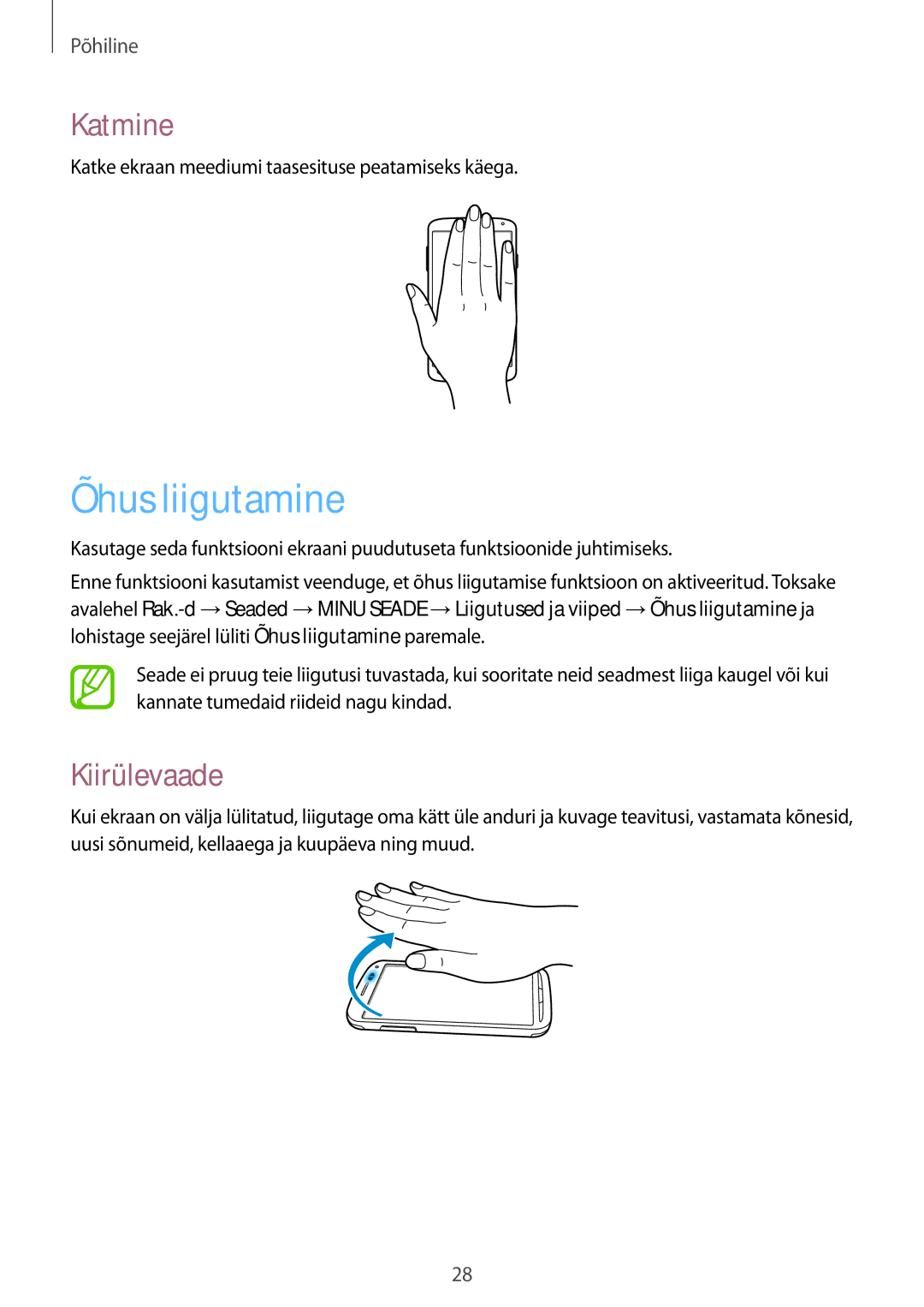 Samsung GT-I9295ZAASEB manual Õhus liigutamine, Katmine, Kiirülevaade, Katke ekraan meediumi taasesituse peatamiseks käega 