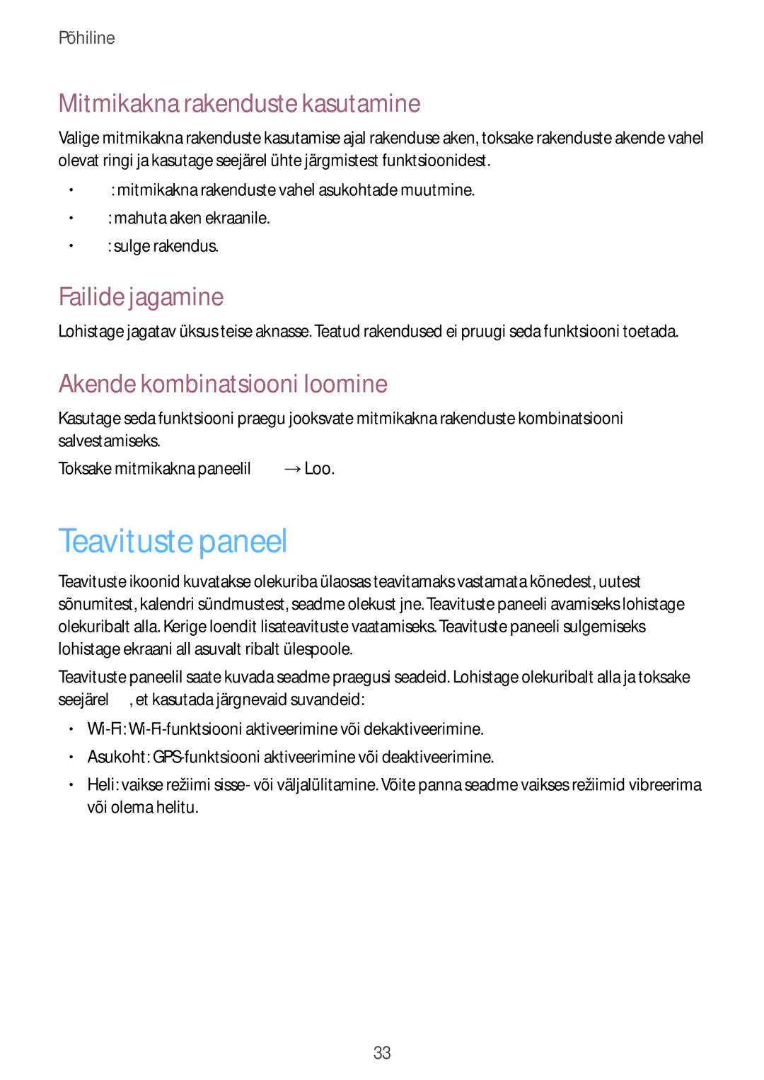 Samsung GT-I9295ZOASEB, GT-I9295ZAASEB manual Teavituste paneel, Mitmikakna rakenduste kasutamine, Failide jagamine 