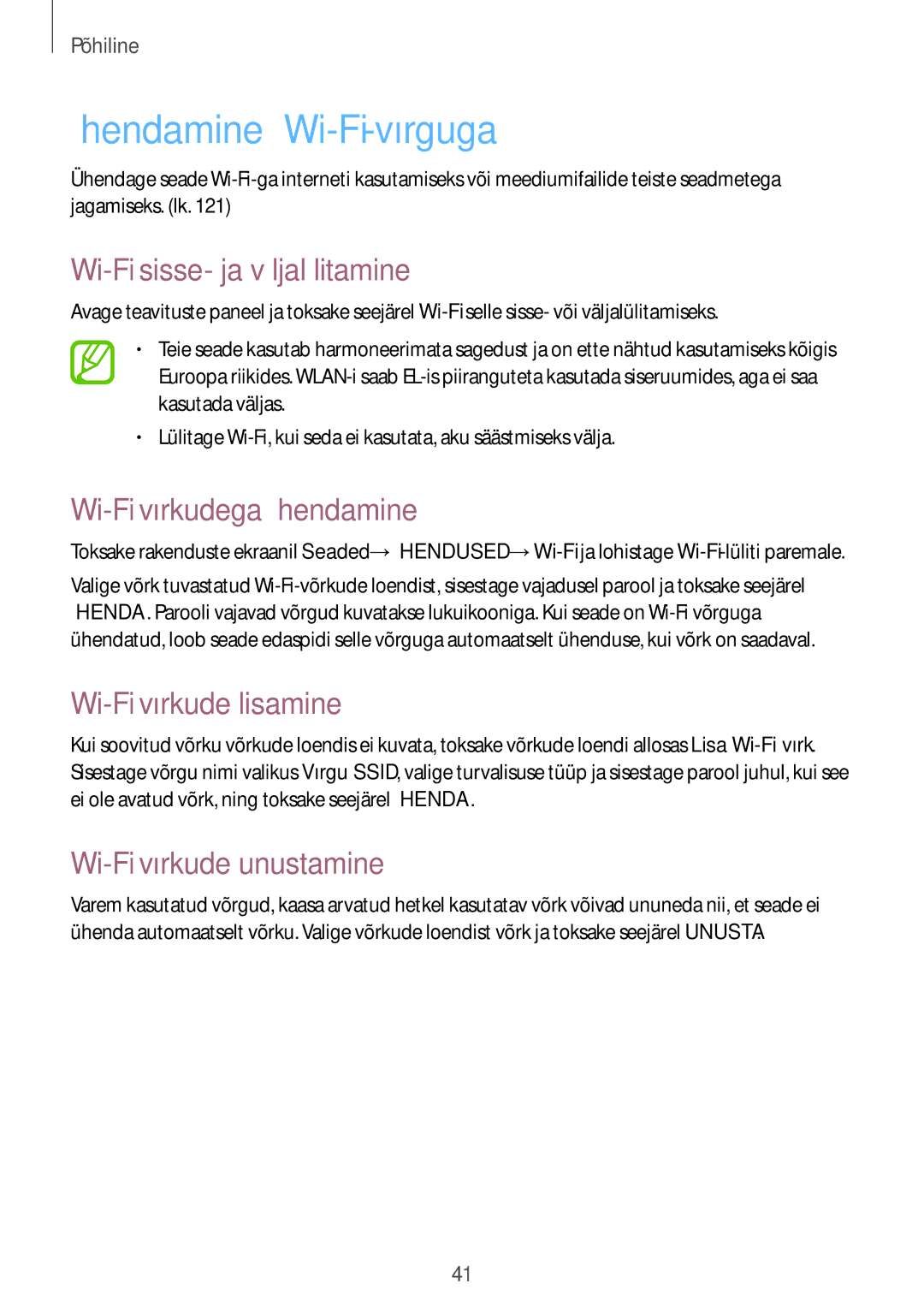 Samsung GT-I9295ZBASEB manual Ühendamine Wi-Fi-võrguga, Wi-Fi sisse- ja väljalülitamine, Wi-Fi võrkudega ühendamine 