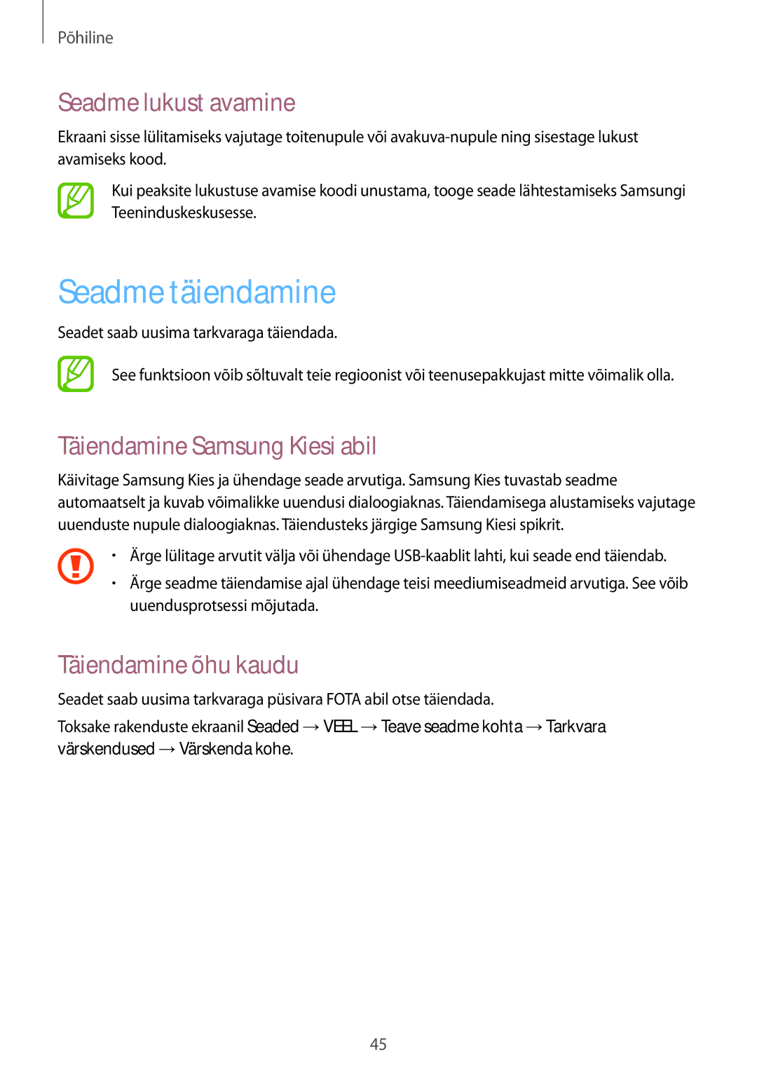 Samsung GT-I9295ZOASEB Seadme täiendamine, Seadme lukust avamine, Täiendamine Samsung Kiesi abil, Täiendamine õhu kaudu 