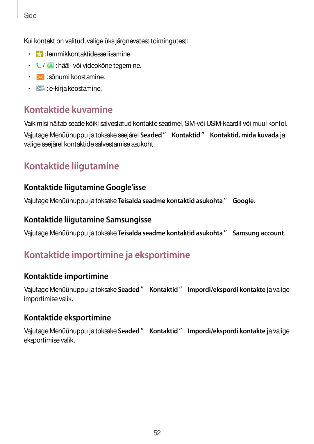 Samsung GT-I9295ZAASEB, GT-I9295ZOASEB Kontaktide kuvamine, Kontaktide liigutamine, Kontaktide importimine ja eksportimine 