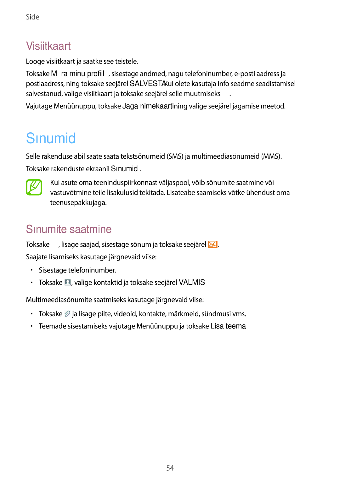 Samsung GT-I9295ZOASEB, GT-I9295ZAASEB Sõnumid, Visiitkaart, Sõnumite saatmine, Looge visiitkaart ja saatke see teistele 