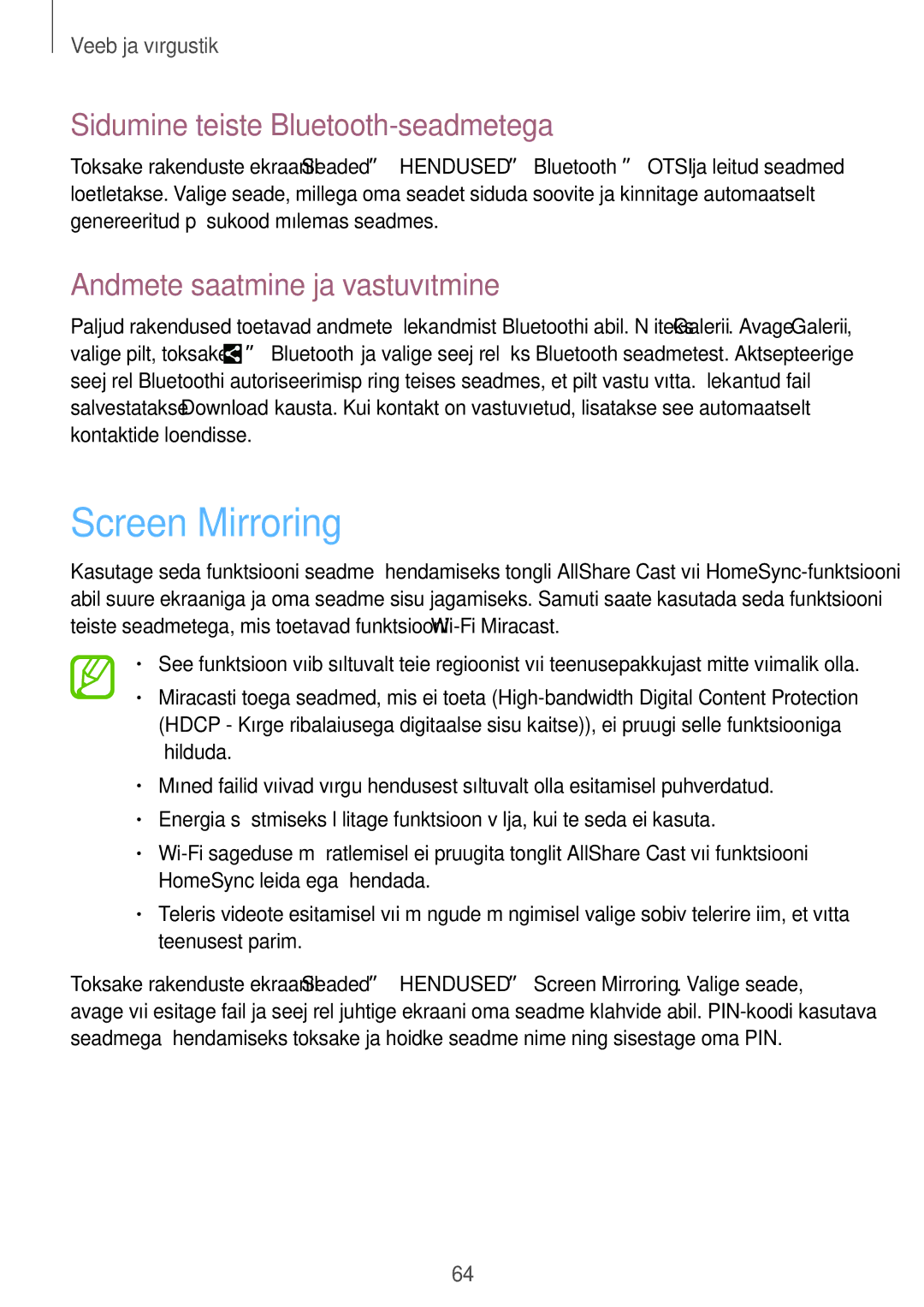 Samsung GT-I9295ZAASEB manual Screen Mirroring, Sidumine teiste Bluetooth-seadmetega, Andmete saatmine ja vastuvõtmine 