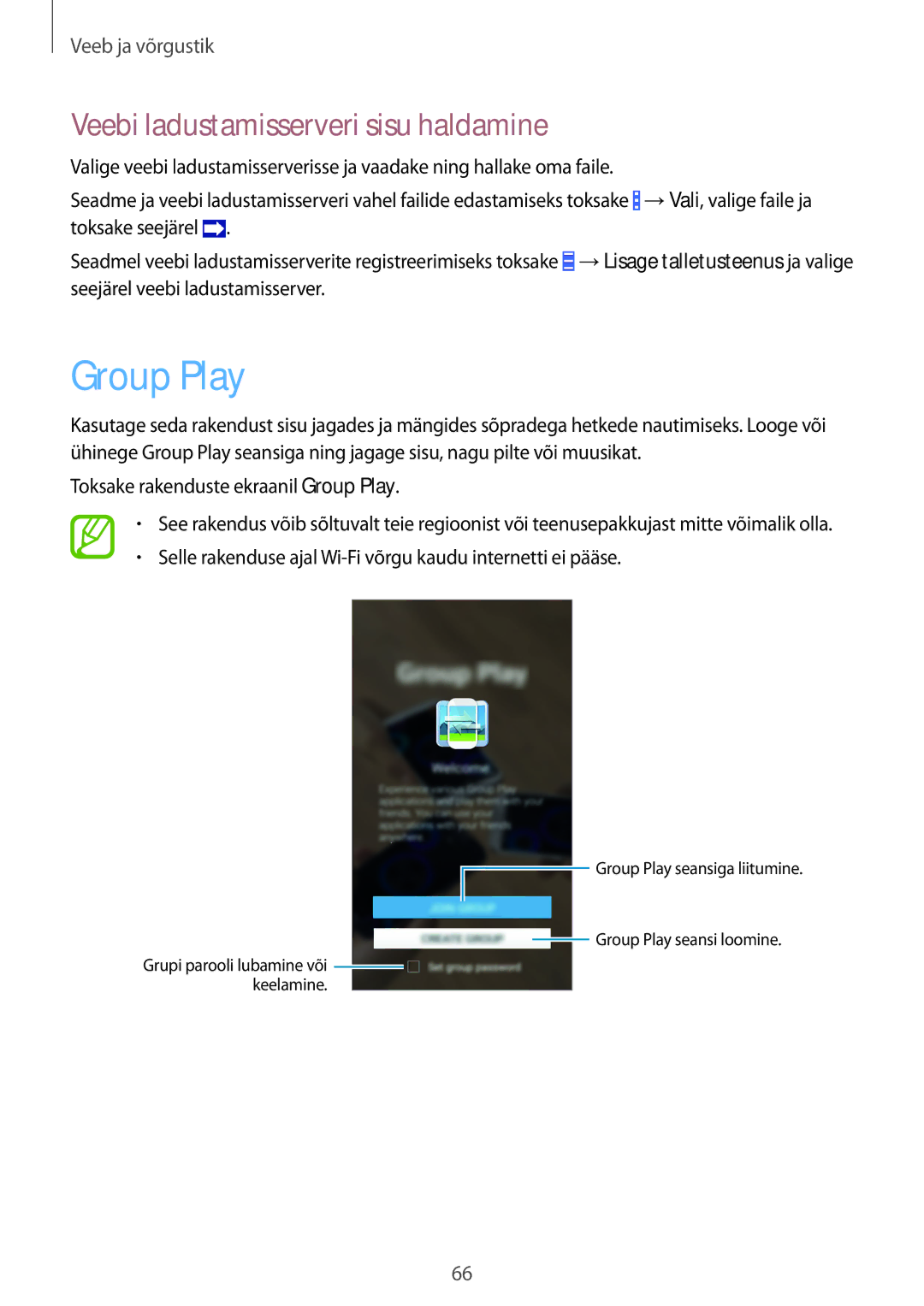 Samsung GT-I9295ZOASEB, GT-I9295ZAASEB Veebi ladustamisserveri sisu haldamine, Toksake rakenduste ekraanil Group Play 