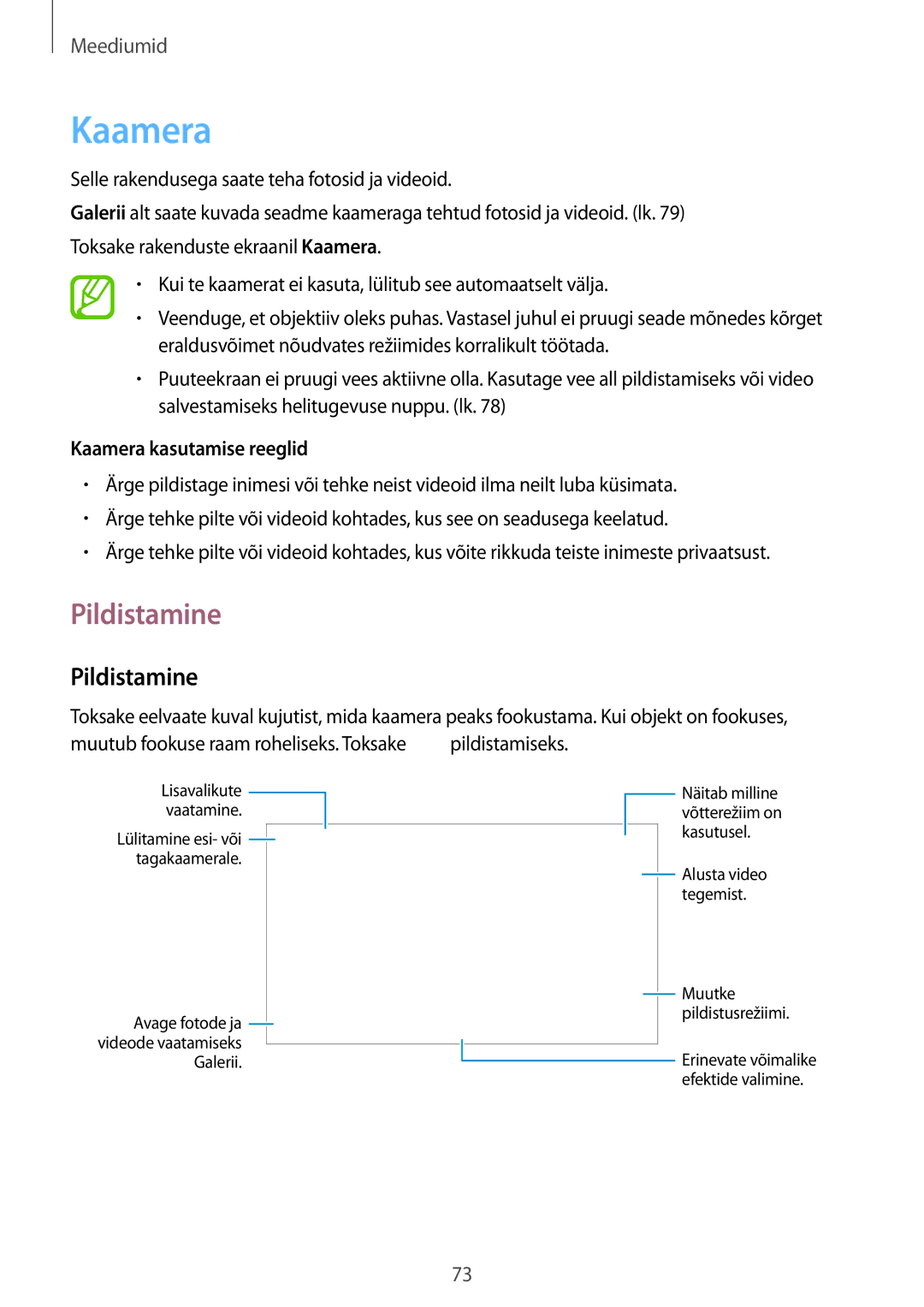 Samsung GT-I9295ZAASEB, GT-I9295ZOASEB, GT-I9295ZBASEB manual Pildistamine, Kaamera kasutamise reeglid 