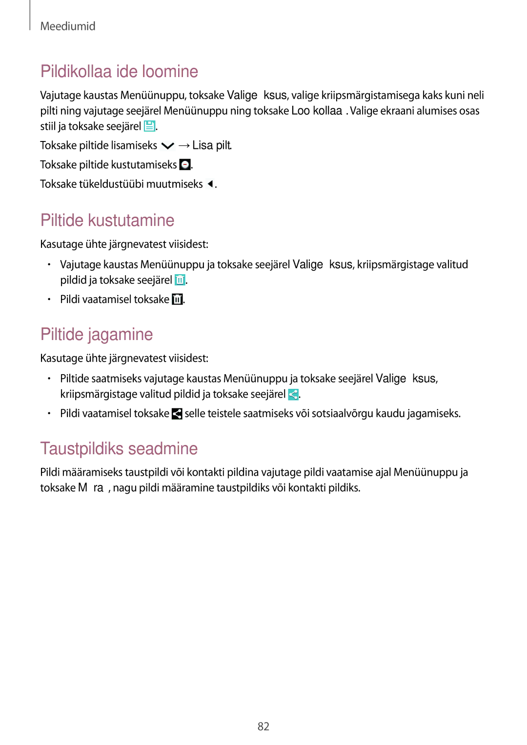 Samsung GT-I9295ZAASEB manual Pildikollaažide loomine, Piltide kustutamine, Piltide jagamine, Taustpildiks seadmine 