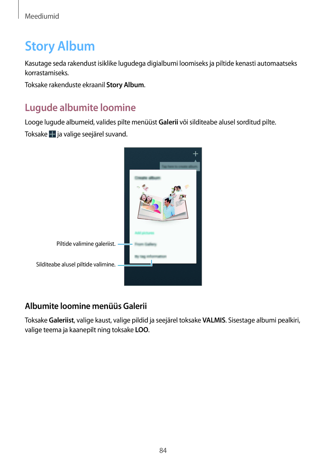 Samsung GT-I9295ZOASEB, GT-I9295ZAASEB manual Story Album, Lugude albumite loomine, Albumite loomine menüüs Galerii 