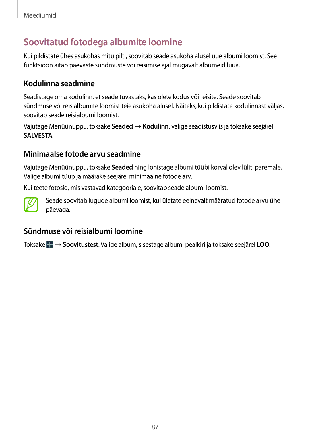 Samsung GT-I9295ZOASEB manual Soovitatud fotodega albumite loomine, Kodulinna seadmine, Minimaalse fotode arvu seadmine 