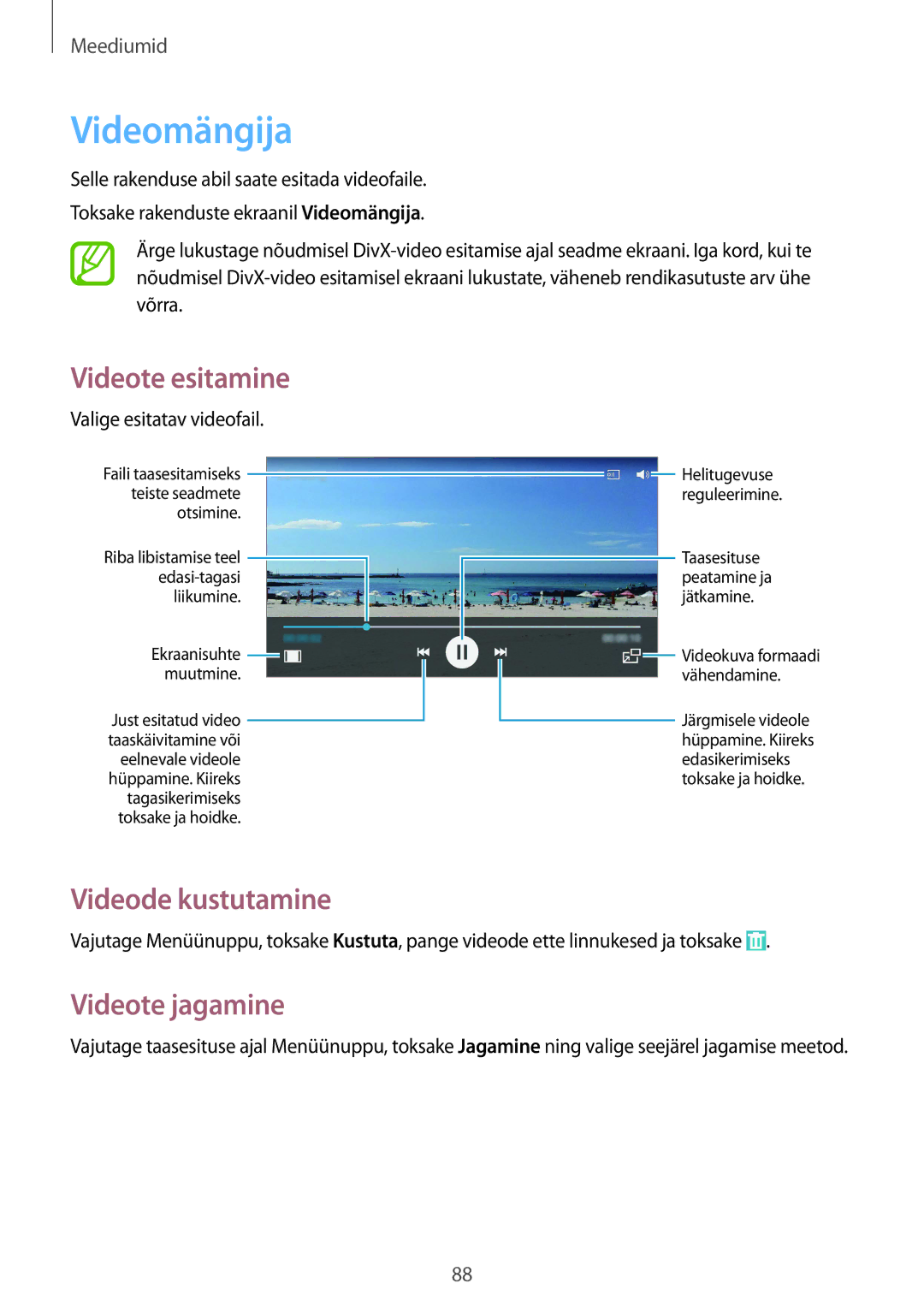 Samsung GT-I9295ZAASEB, GT-I9295ZOASEB manual Videomängija, Videode kustutamine, Videote jagamine, Valige esitatav videofail 