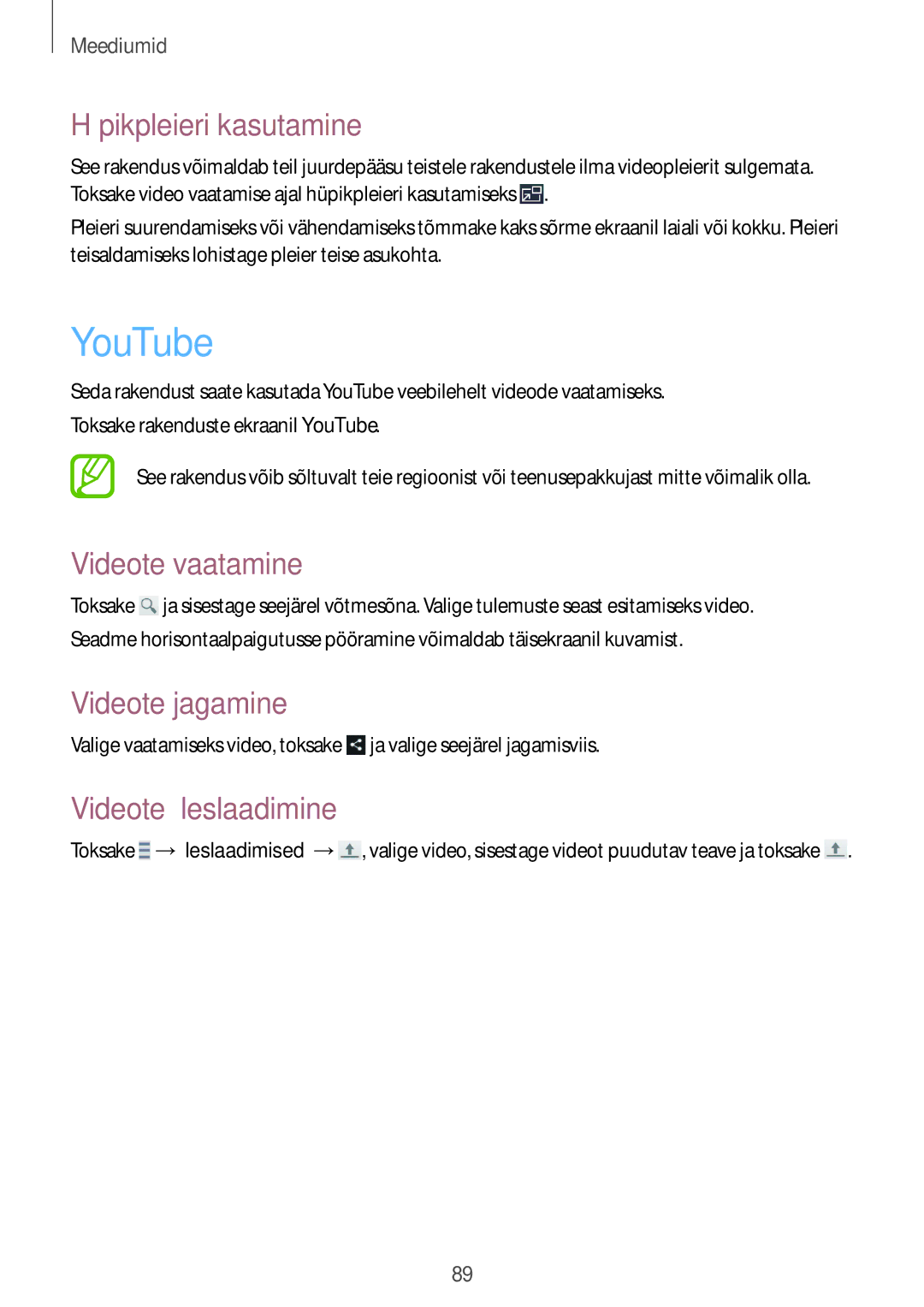 Samsung GT-I9295ZBASEB, GT-I9295ZOASEB manual YouTube, Hüpikpleieri kasutamine, Videote vaatamine, Videote üleslaadimine 