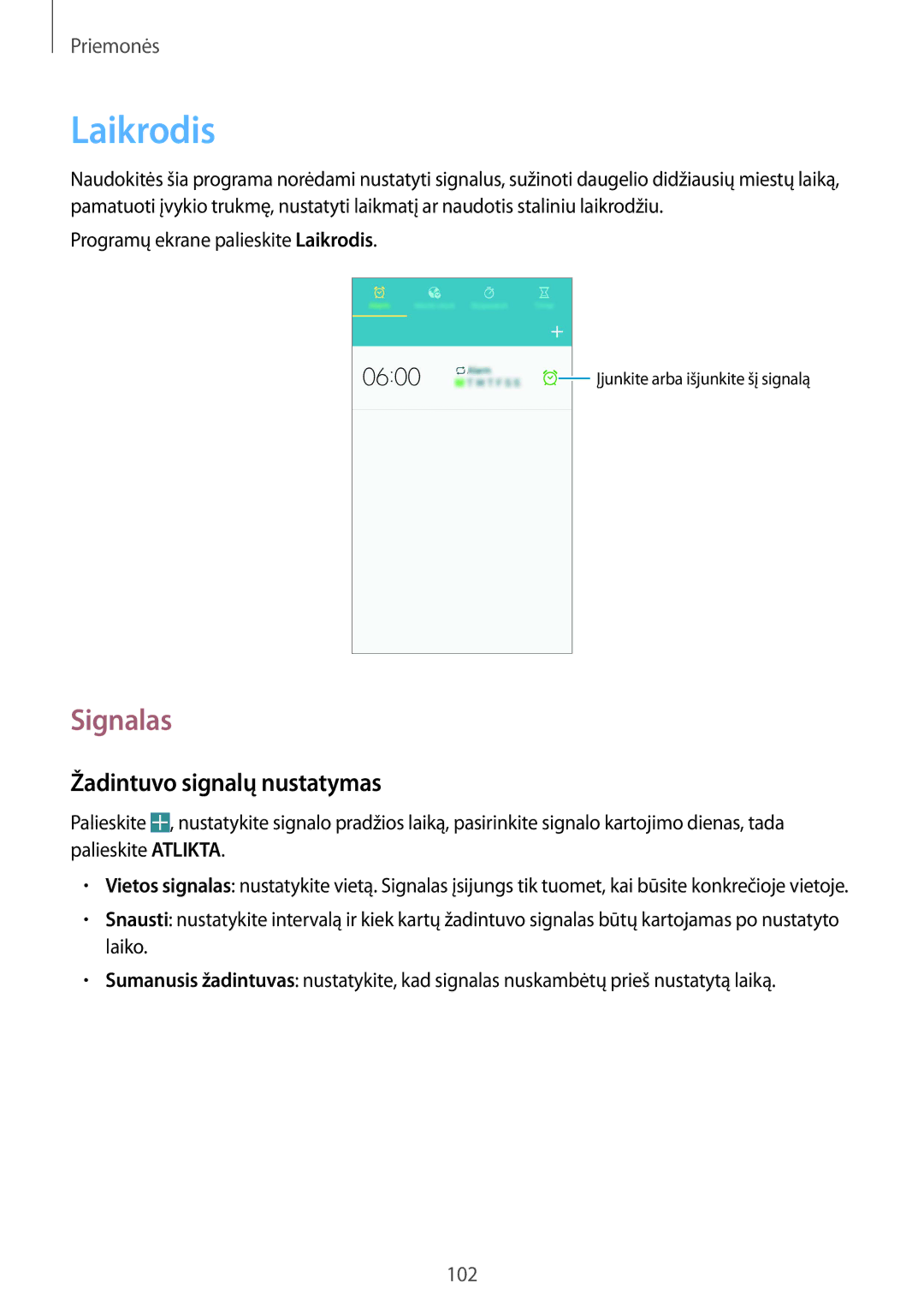 Samsung GT-I9295ZOASEB, GT-I9295ZAASEB, GT-I9295ZBASEB manual Laikrodis, Signalas, Žadintuvo signalų nustatymas 