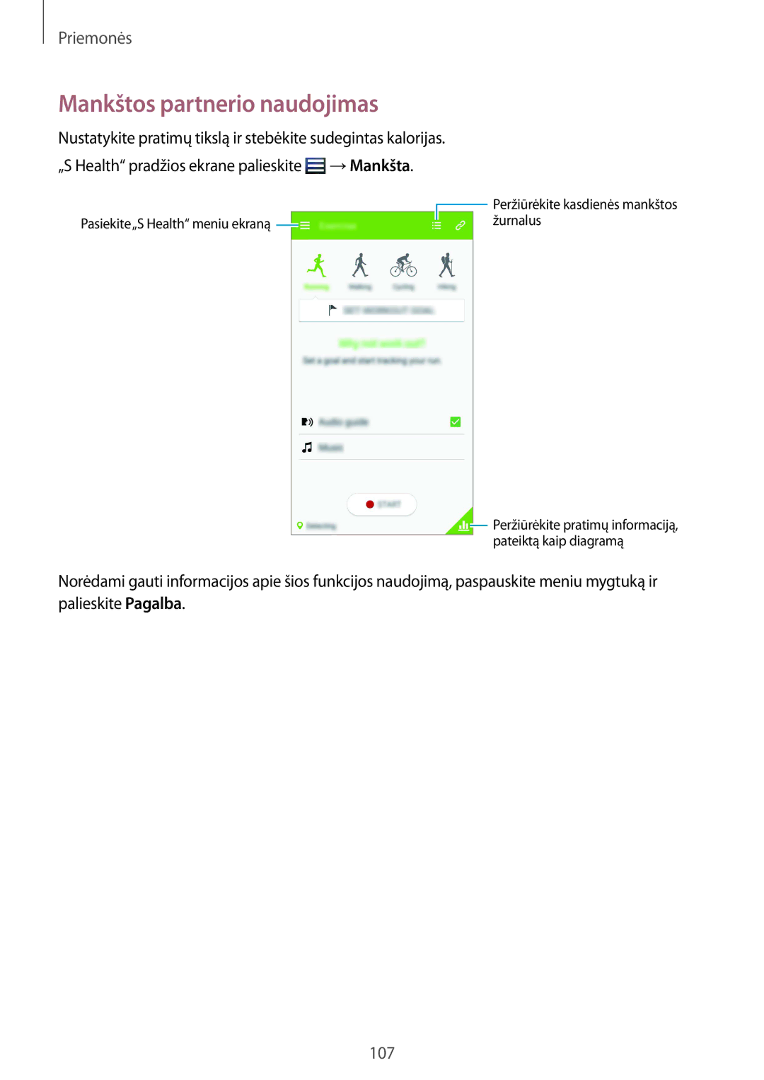 Samsung GT-I9295ZBASEB, GT-I9295ZOASEB manual Mankštos partnerio naudojimas, „S Health pradžios ekrane palieskite →Mankšta 