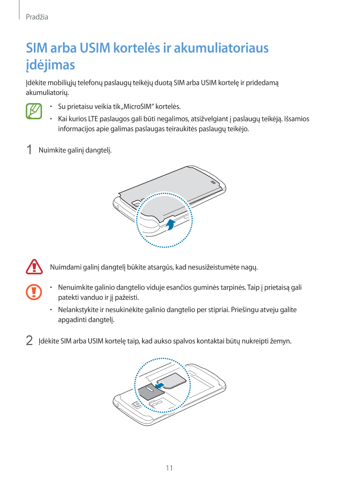 Samsung GT-I9295ZBASEB, GT-I9295ZOASEB, GT-I9295ZAASEB manual SIM arba Usim kortelės ir akumuliatoriaus įdėjimas 