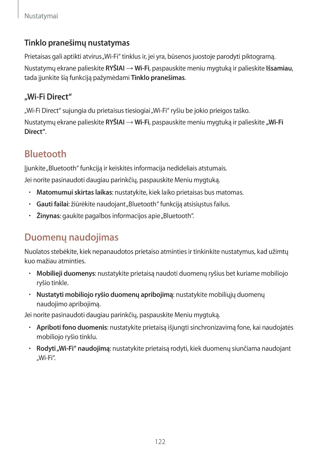 Samsung GT-I9295ZBASEB, GT-I9295ZOASEB manual Bluetooth, Duomenų naudojimas, Tinklo pranešimų nustatymas, „Wi-Fi Direct 