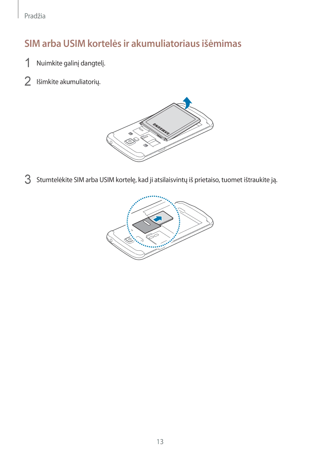 Samsung GT-I9295ZAASEB, GT-I9295ZOASEB, GT-I9295ZBASEB manual SIM arba Usim kortelės ir akumuliatoriaus išėmimas 