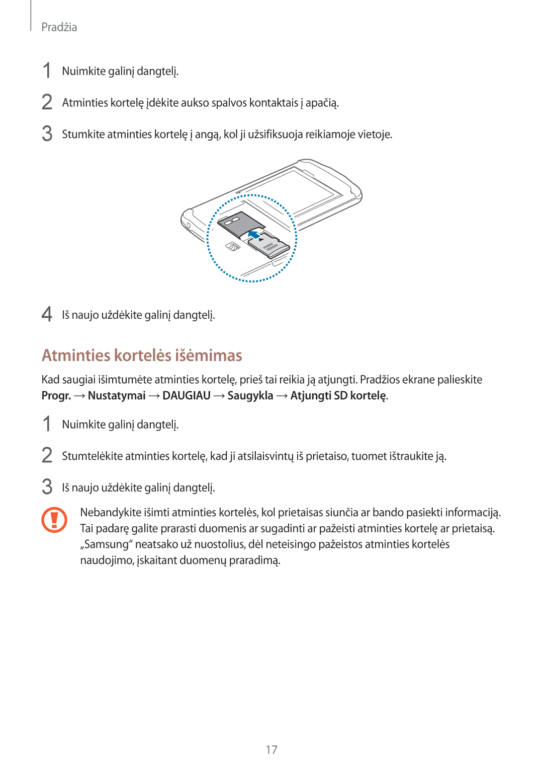 Samsung GT-I9295ZBASEB, GT-I9295ZOASEB, GT-I9295ZAASEB manual Atminties kortelės išėmimas 