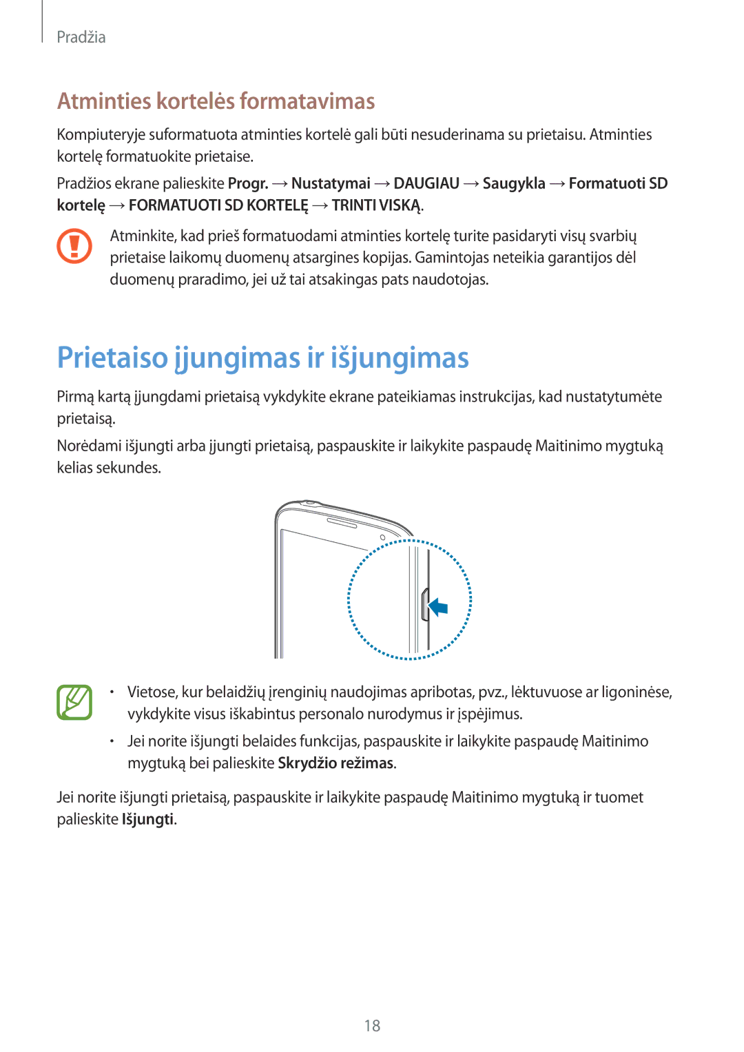 Samsung GT-I9295ZOASEB, GT-I9295ZAASEB, GT-I9295ZBASEB Prietaiso įjungimas ir išjungimas, Atminties kortelės formatavimas 