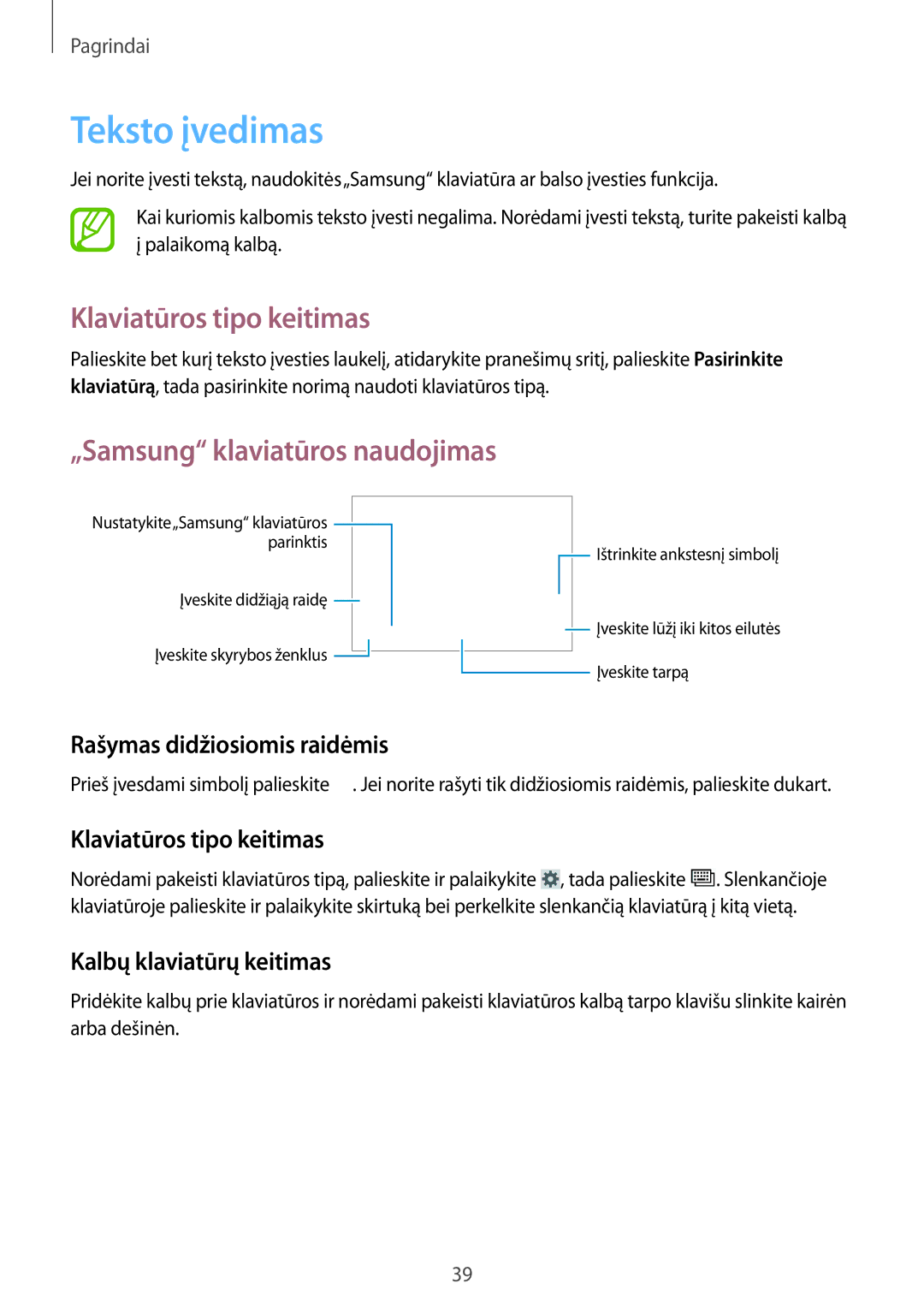 Samsung GT-I9295ZOASEB, GT-I9295ZAASEB manual Teksto įvedimas, Klaviatūros tipo keitimas, „Samsung klaviatūros naudojimas 