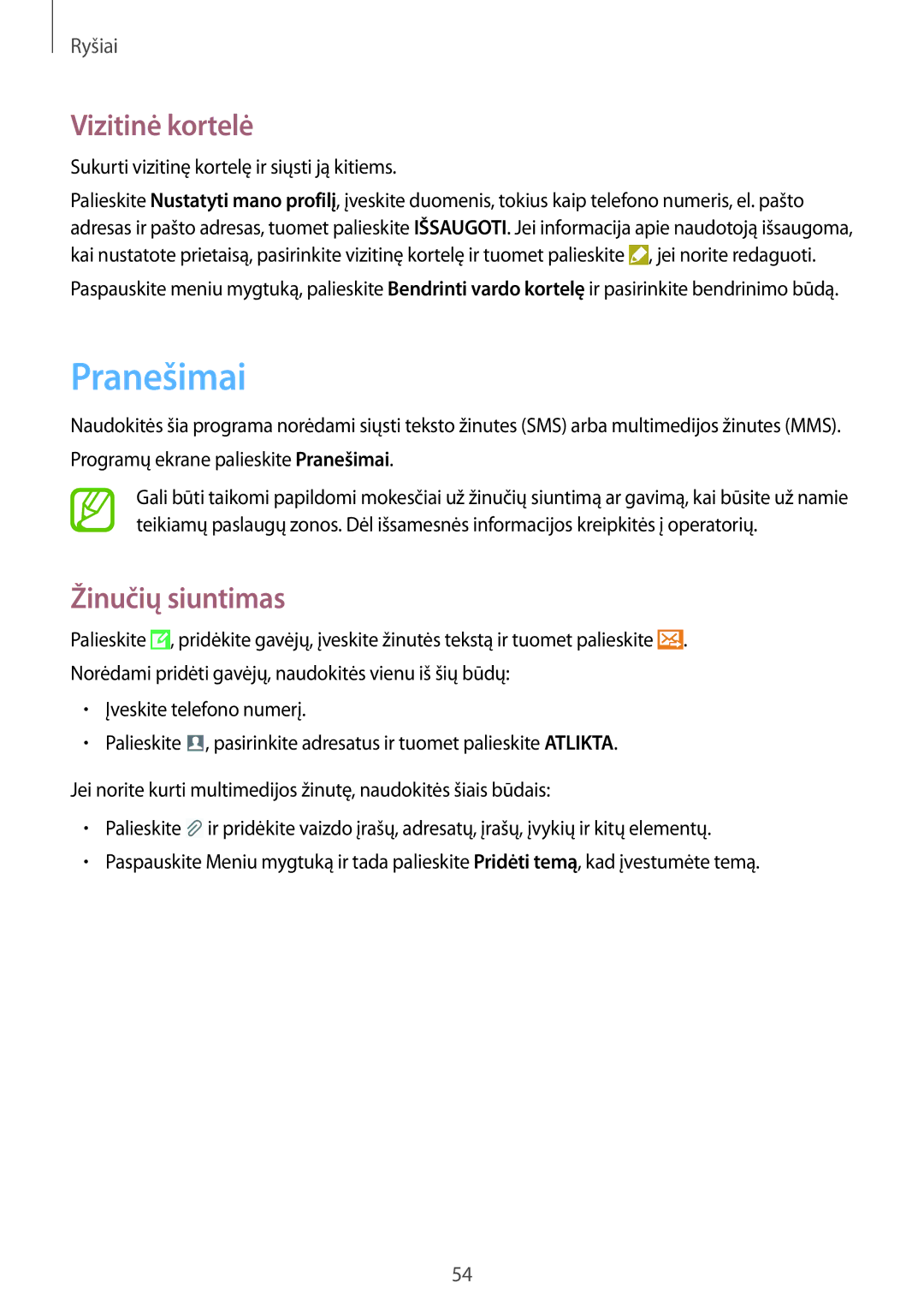 Samsung GT-I9295ZOASEB, GT-I9295ZAASEB, GT-I9295ZBASEB manual Vizitinė kortelė, Žinučių siuntimas 