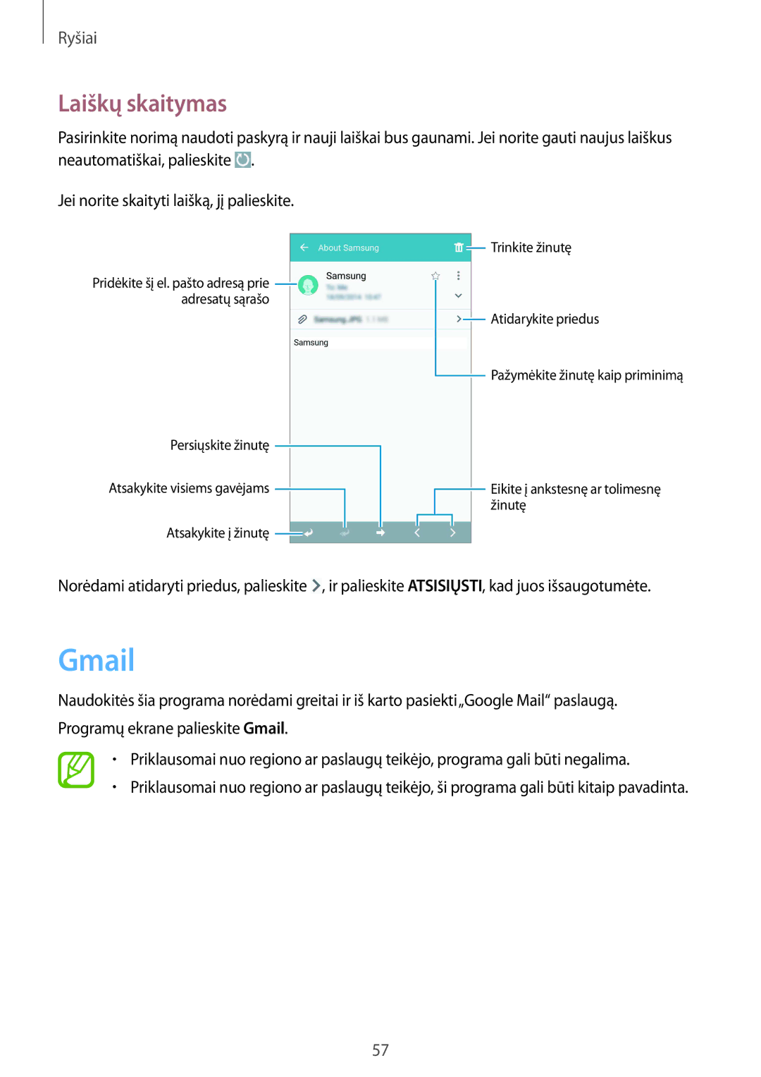 Samsung GT-I9295ZOASEB, GT-I9295ZAASEB, GT-I9295ZBASEB manual Gmail, Laiškų skaitymas 