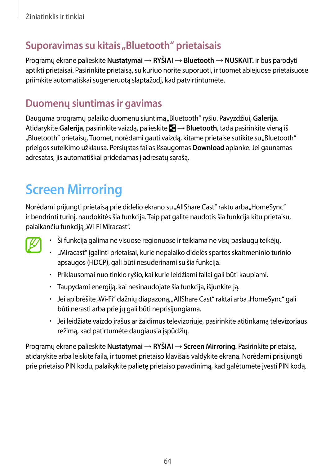 Samsung GT-I9295ZAASEB manual Screen Mirroring, Suporavimas su kitais„Bluetooth prietaisais, Duomenų siuntimas ir gavimas 