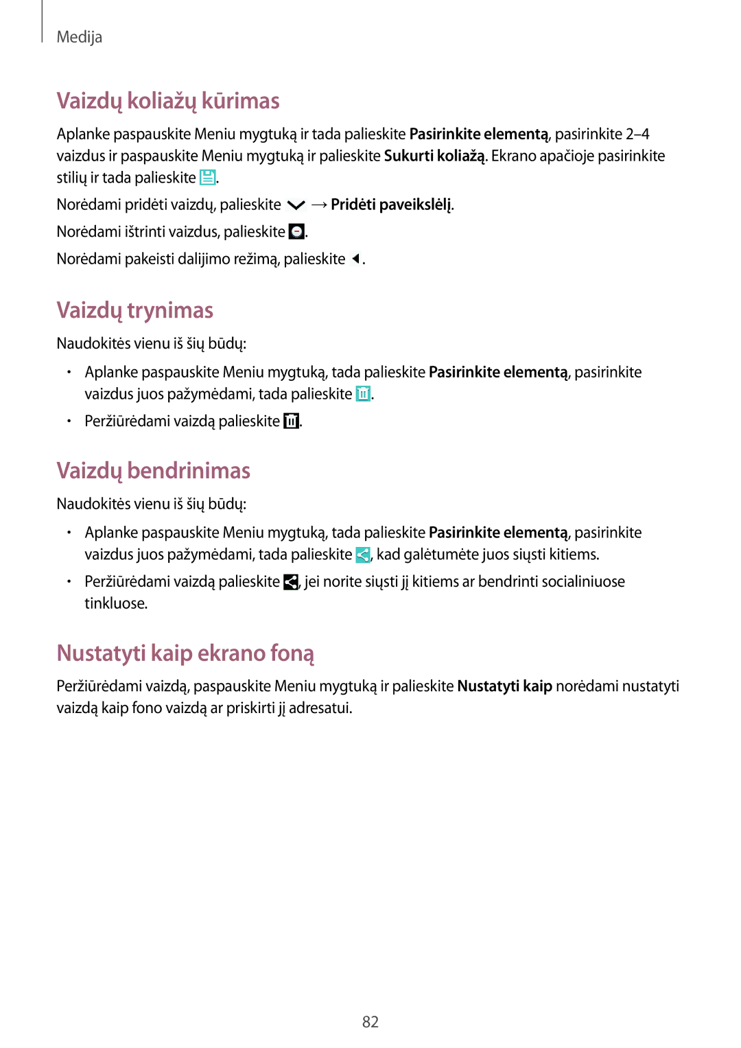Samsung GT-I9295ZAASEB manual Vaizdų koliažų kūrimas, Vaizdų trynimas, Vaizdų bendrinimas, Nustatyti kaip ekrano foną 