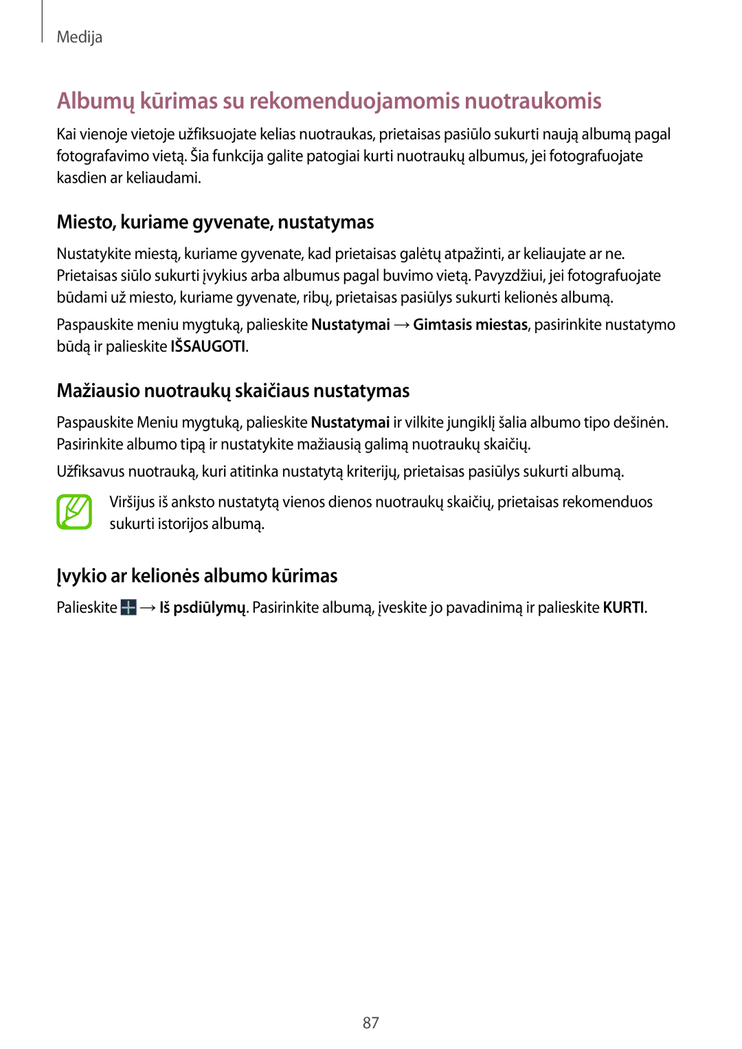 Samsung GT-I9295ZOASEB manual Albumų kūrimas su rekomenduojamomis nuotraukomis, Miesto, kuriame gyvenate, nustatymas 