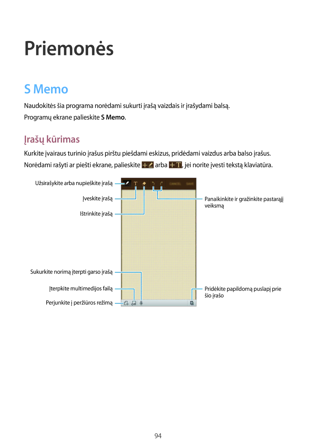 Samsung GT-I9295ZAASEB, GT-I9295ZOASEB, GT-I9295ZBASEB manual Memo, Įrašų kūrimas 