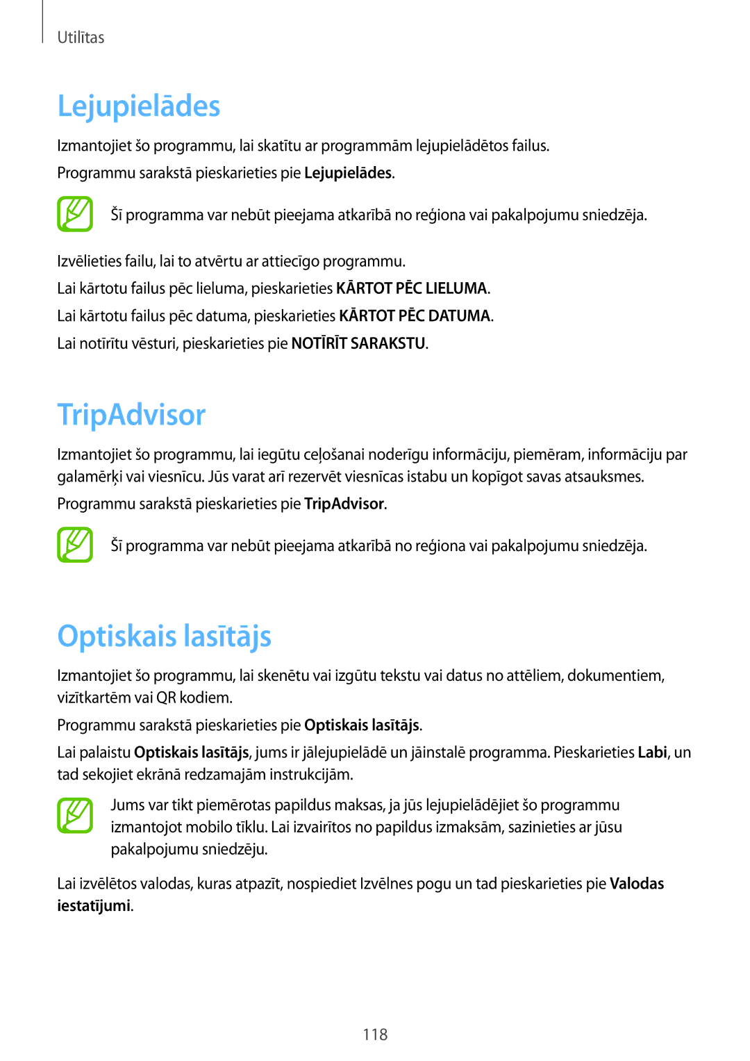 Samsung GT-I9295ZAASEB, GT-I9295ZOASEB, GT-I9295ZBASEB manual Lejupielādes, TripAdvisor, Optiskais lasītājs 