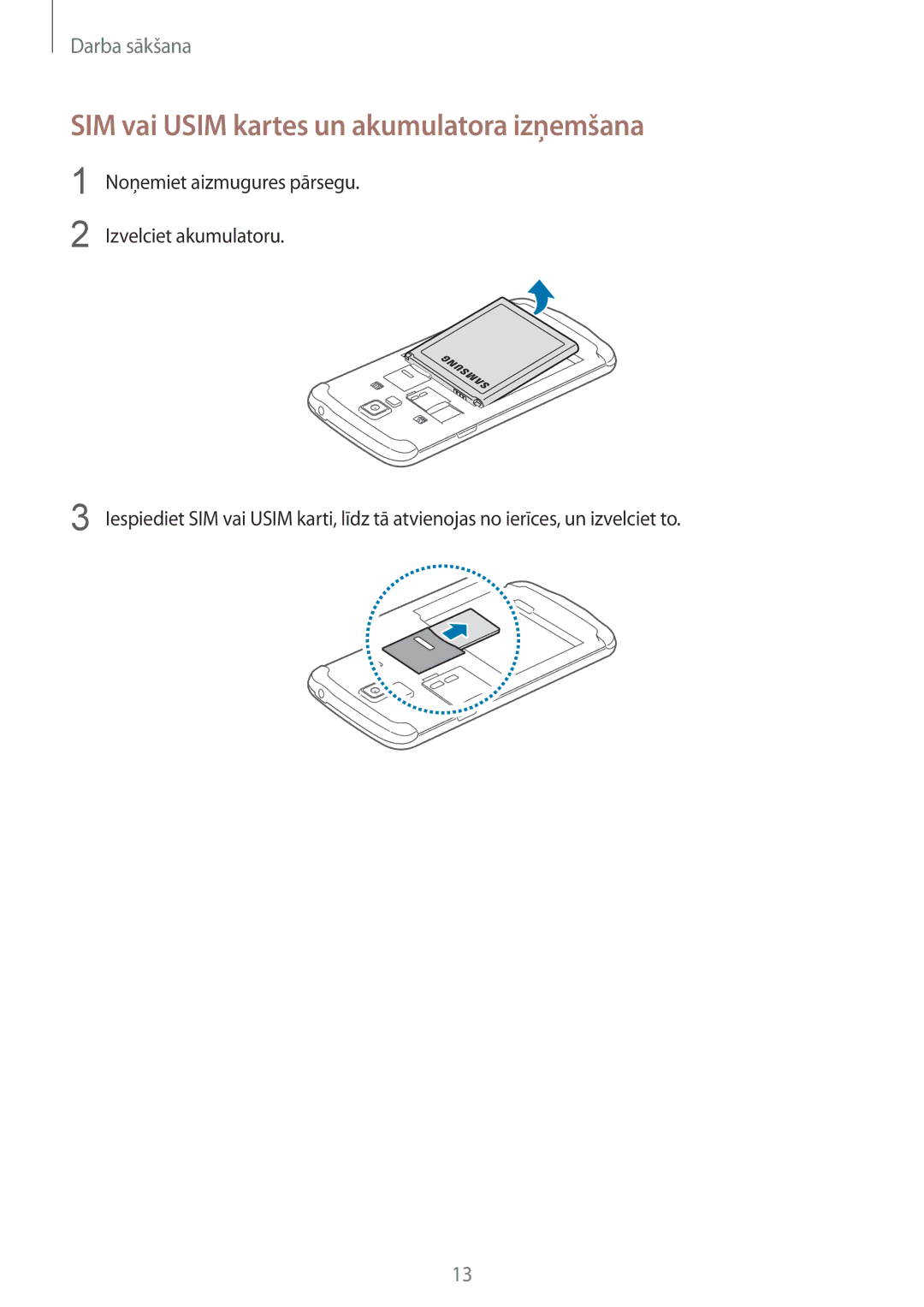 Samsung GT-I9295ZAASEB, GT-I9295ZOASEB, GT-I9295ZBASEB manual SIM vai Usim kartes un akumulatora izņemšana 