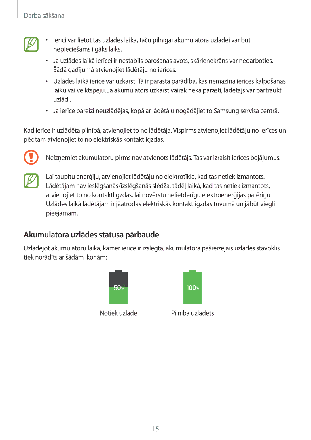 Samsung GT-I9295ZOASEB, GT-I9295ZAASEB, GT-I9295ZBASEB manual Akumulatora uzlādes statusa pārbaude 