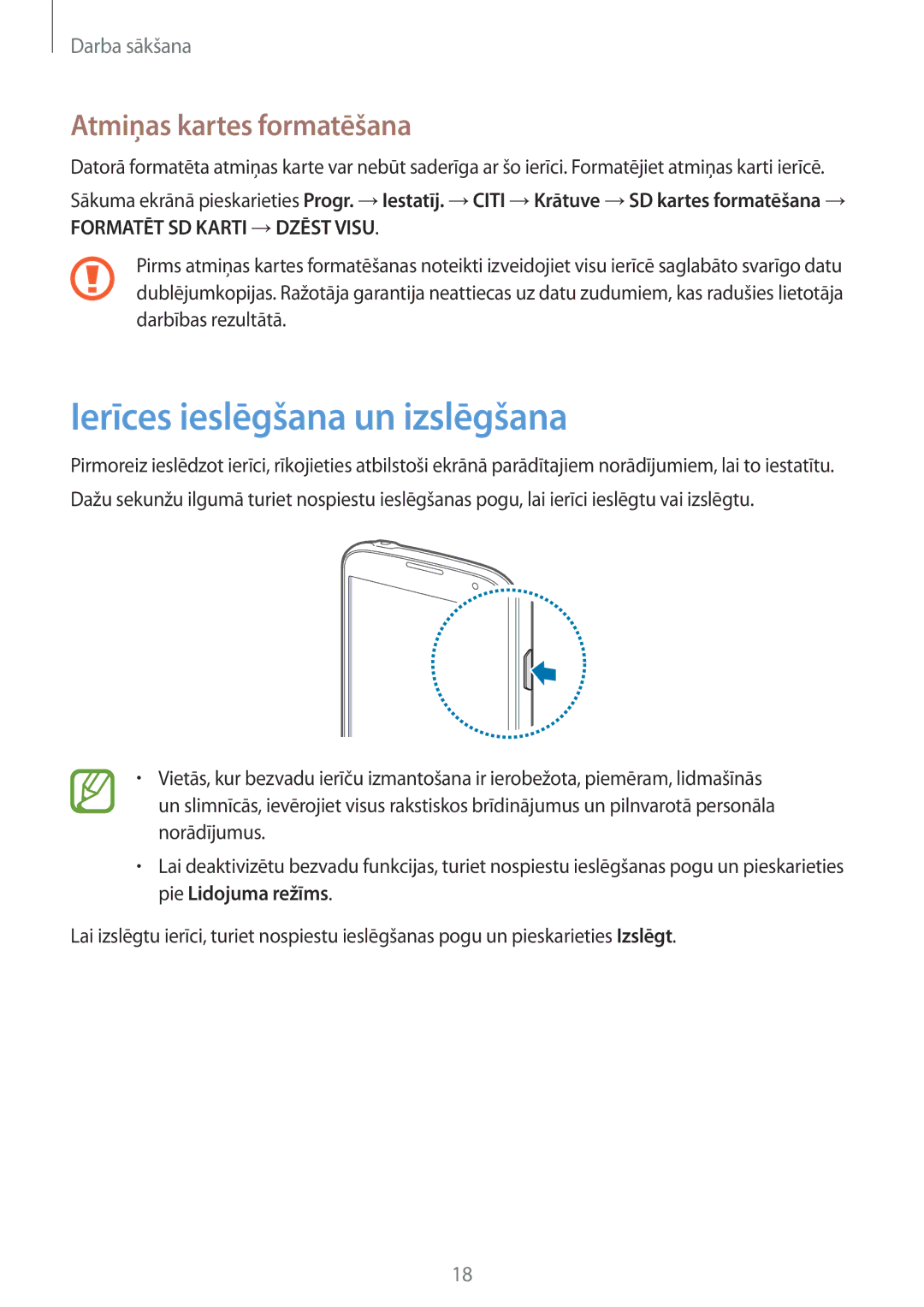 Samsung GT-I9295ZOASEB, GT-I9295ZAASEB, GT-I9295ZBASEB manual Ierīces ieslēgšana un izslēgšana, Atmiņas kartes formatēšana 