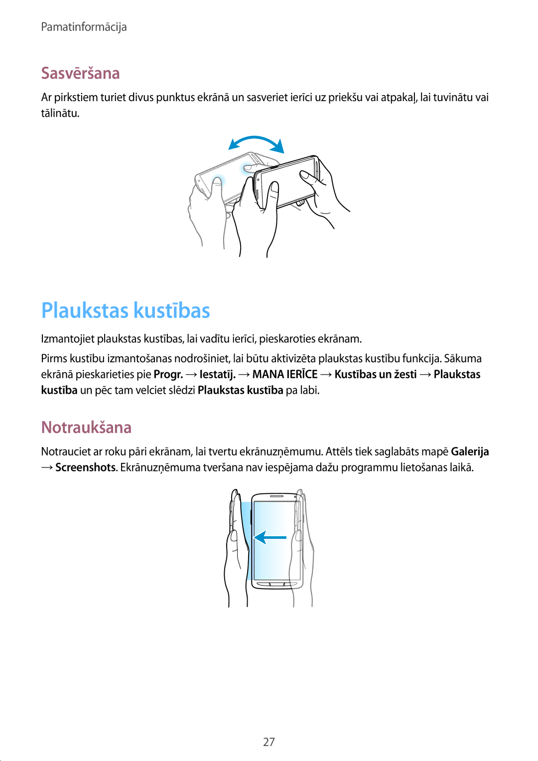 Samsung GT-I9295ZOASEB, GT-I9295ZAASEB, GT-I9295ZBASEB manual Plaukstas kustības, Sasvēršana, Notraukšana 