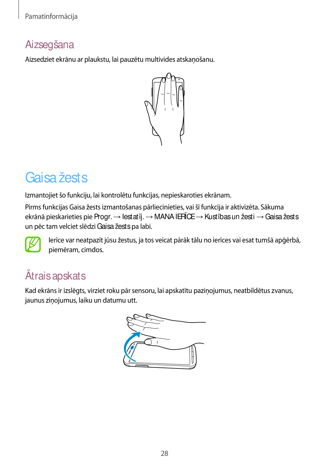 Samsung GT-I9295ZAASEB, GT-I9295ZOASEB, GT-I9295ZBASEB manual Gaisa žests, Aizsegšana, Ātrais apskats 