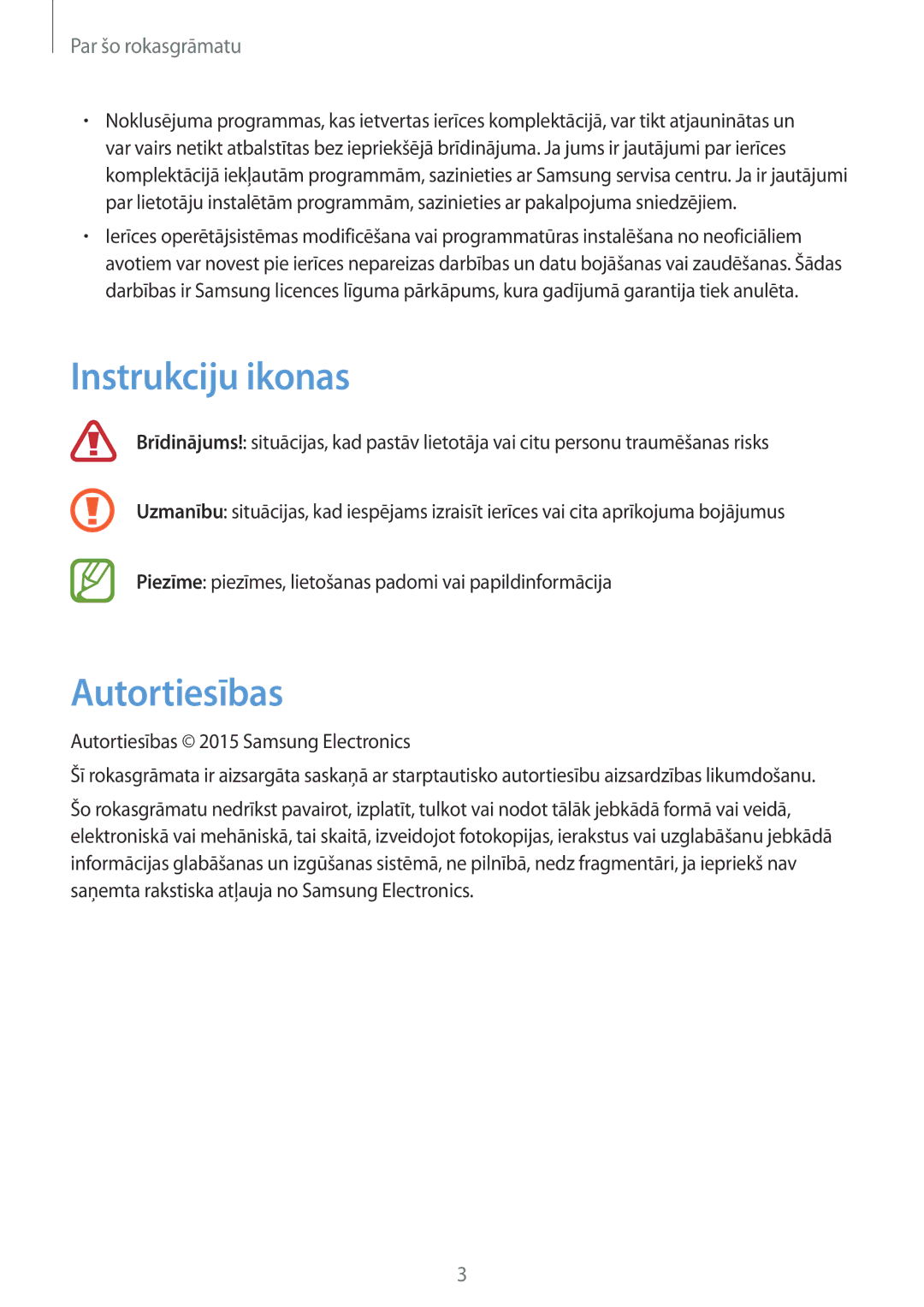 Samsung GT-I9295ZOASEB, GT-I9295ZAASEB, GT-I9295ZBASEB manual Instrukciju ikonas, Autortiesības 2015 Samsung Electronics 