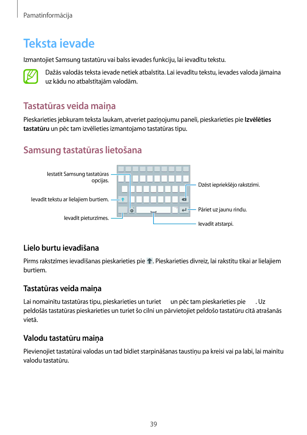 Samsung GT-I9295ZOASEB manual Teksta ievade, Tastatūras veida maiņa, Lielo burtu ievadīšana, Valodu tastatūru maiņa 