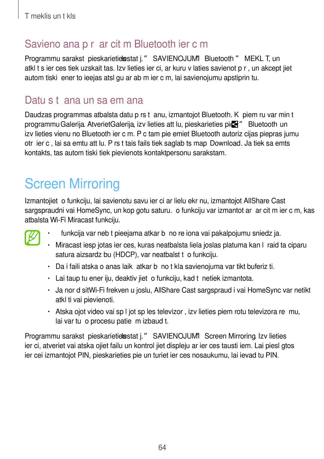 Samsung GT-I9295ZAASEB manual Screen Mirroring, Savienošana pārī ar citām Bluetooth ierīcēm, Datu sūtīšana un saņemšana 