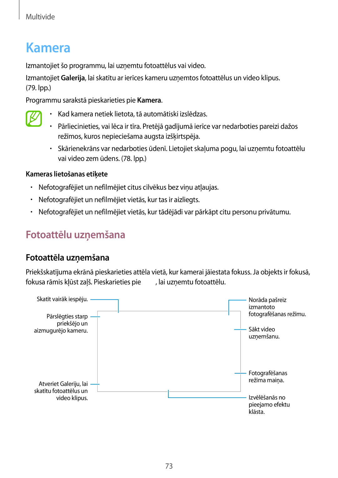 Samsung GT-I9295ZAASEB, GT-I9295ZOASEB manual Fotoattēlu uzņemšana, Fotoattēla uzņemšana, Kameras lietošanas etiķete 