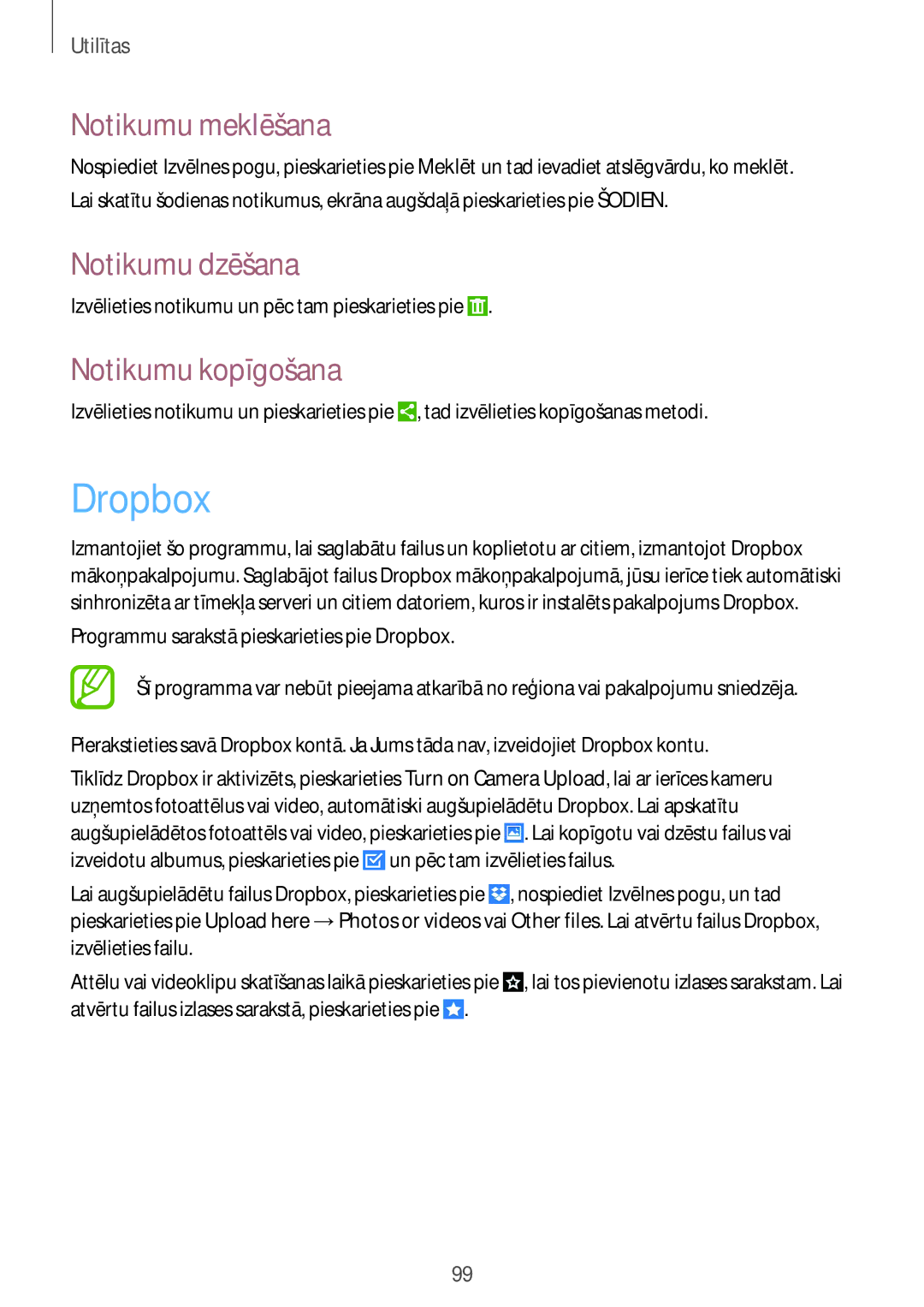 Samsung GT-I9295ZOASEB, GT-I9295ZAASEB, GT-I9295ZBASEB Dropbox, Notikumu meklēšana, Notikumu dzēšana, Notikumu kopīgošana 