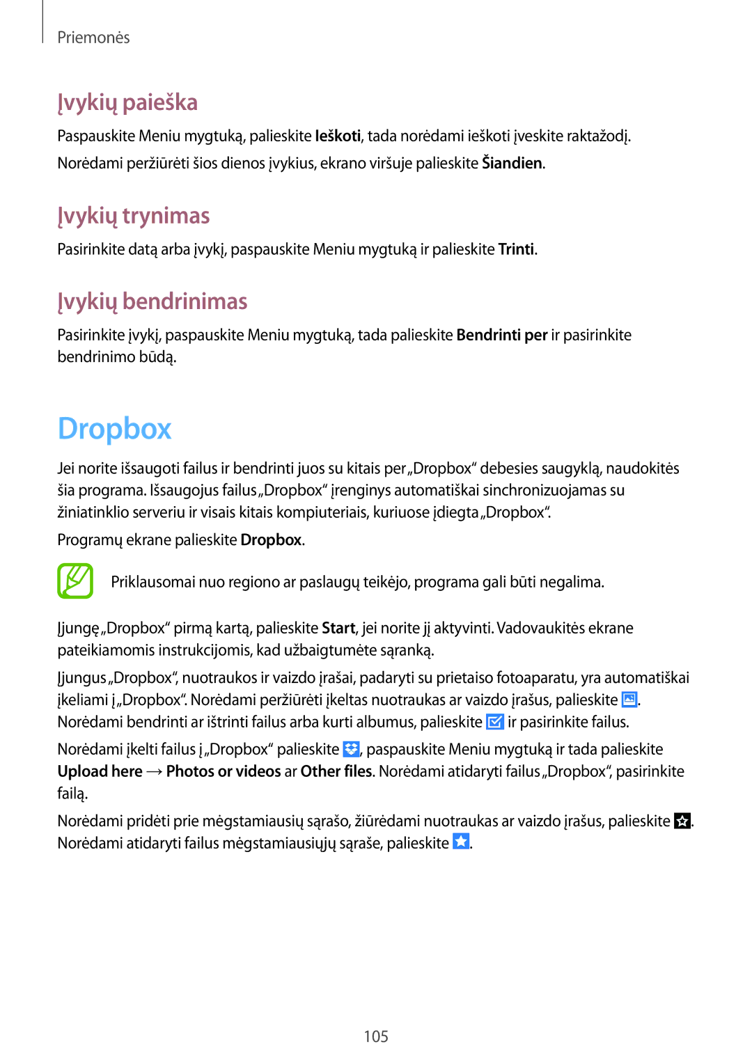 Samsung GT-I9295ZOASEB, GT-I9295ZAASEB, GT-I9295ZBASEB manual Dropbox, Įvykių paieška, Įvykių trynimas, Įvykių bendrinimas 