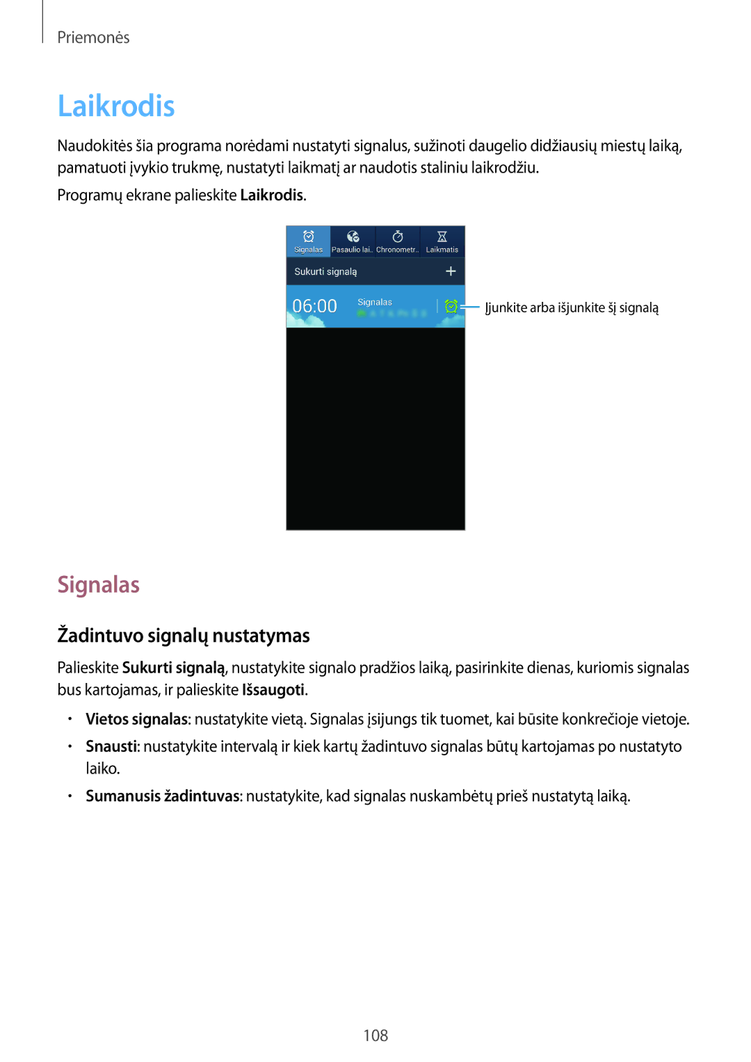 Samsung GT-I9295ZOASEB, GT-I9295ZAASEB, GT-I9295ZBASEB manual Laikrodis, Signalas, Žadintuvo signalų nustatymas 